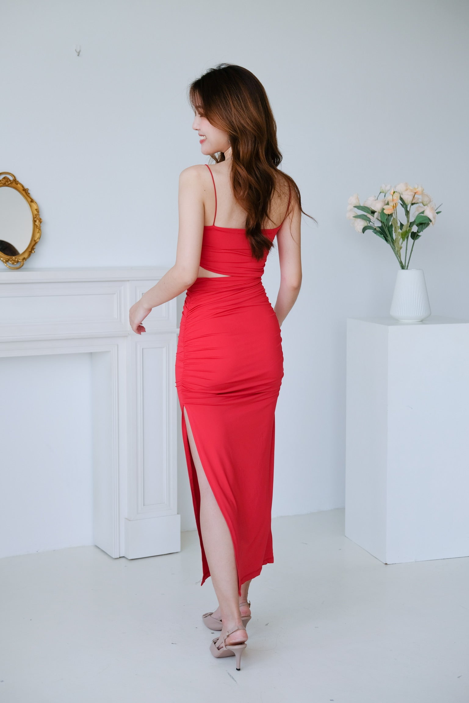 Mystery Cut In Maxi Dress (Crimson Red)