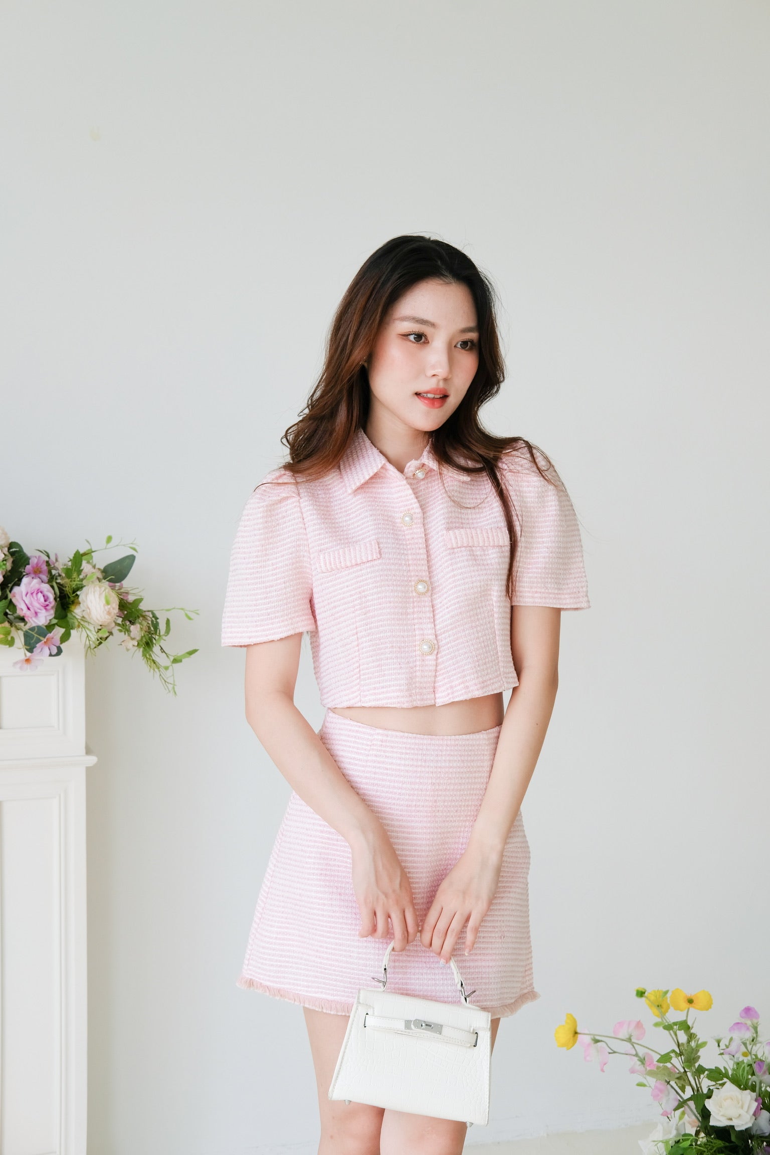 Cyndee Collared Tweed Set (Light Pink)