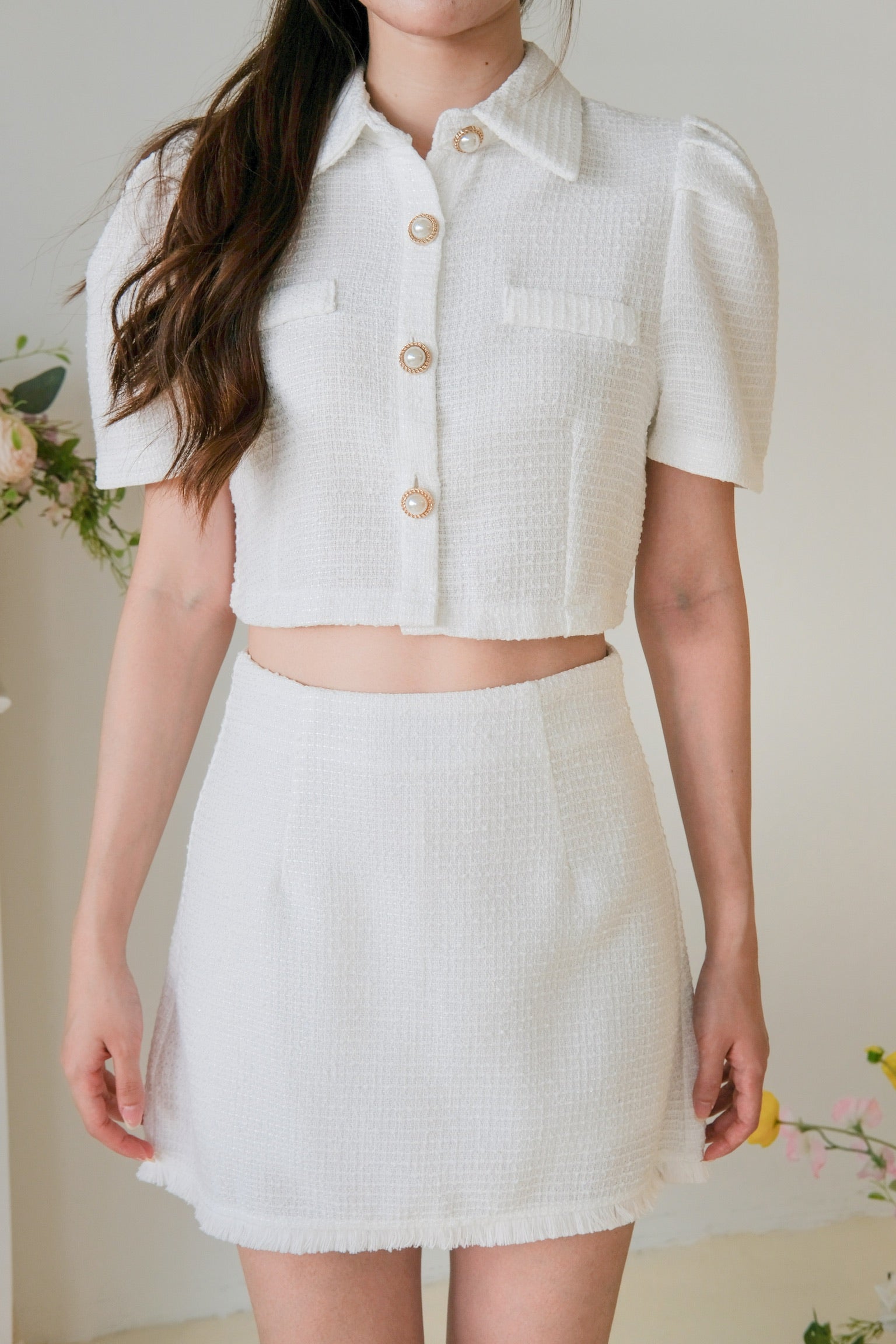 Cyndee Collared Tweed Set (Pearl White)