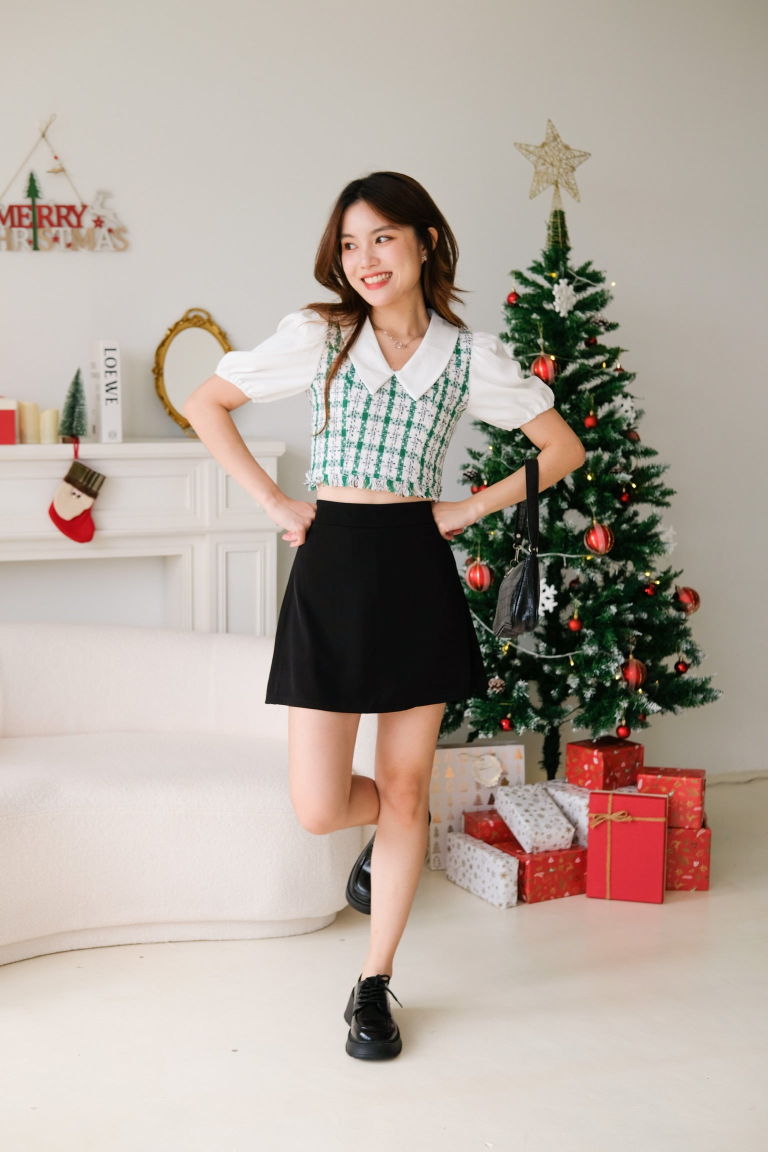 Peter Pan Tweed Top (Xmas Green)