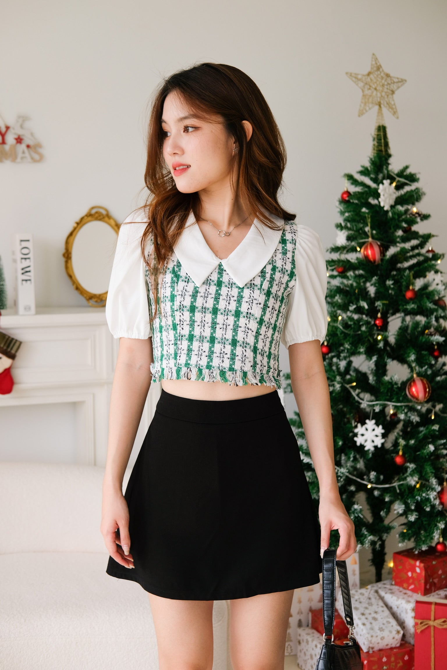 Peter Pan Tweed Top (Xmas Green)