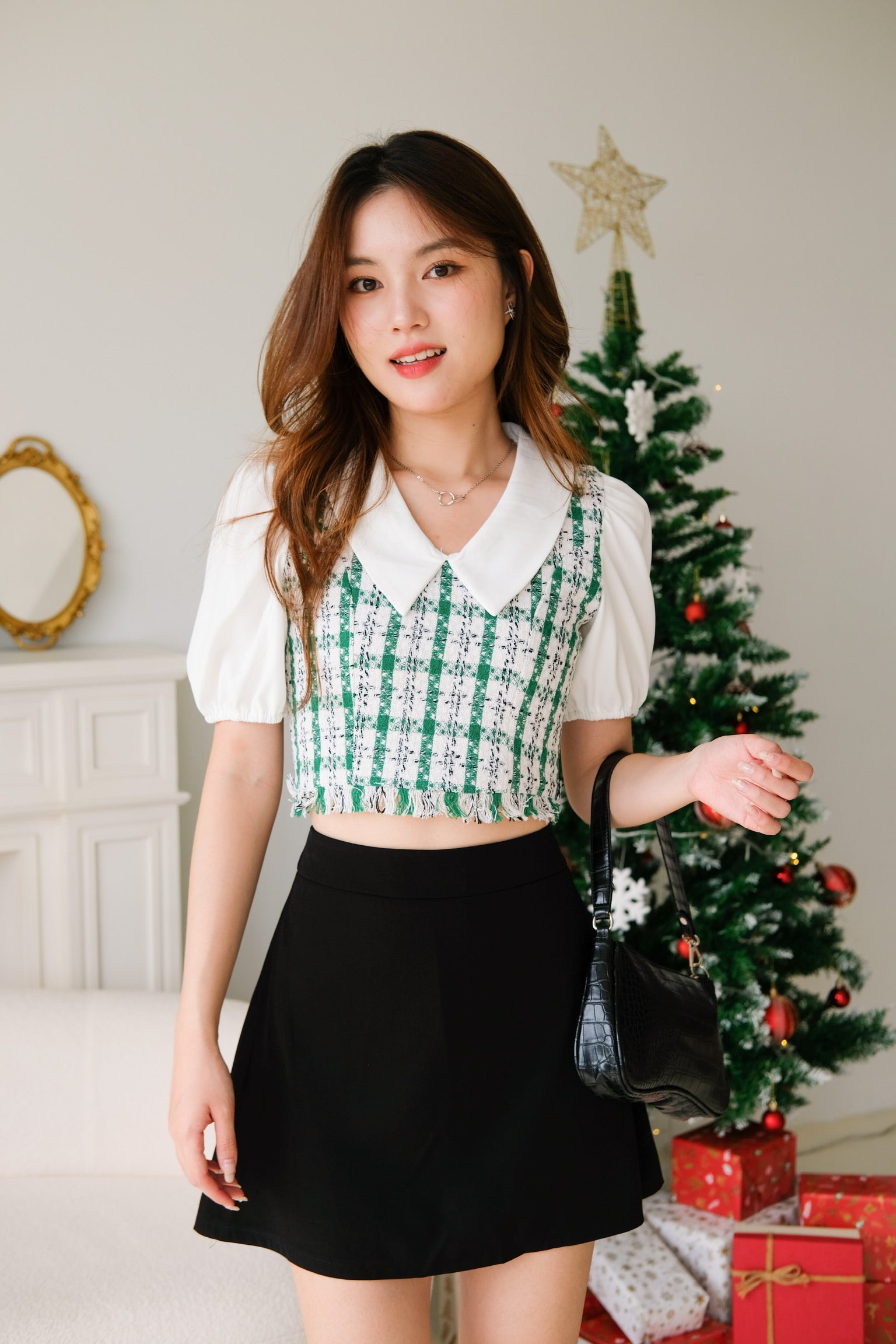 Peter Pan Tweed Top (Xmas Green)