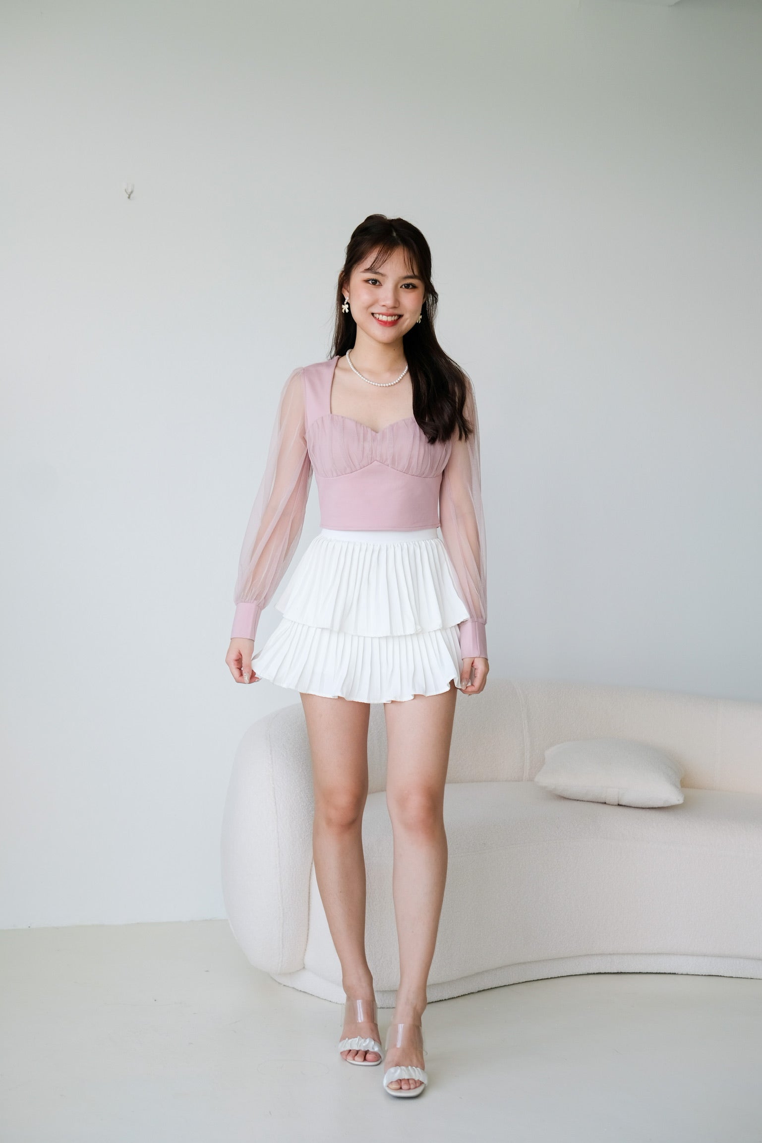 Sheer Sleeve Square Neck Crop Top (Pink)