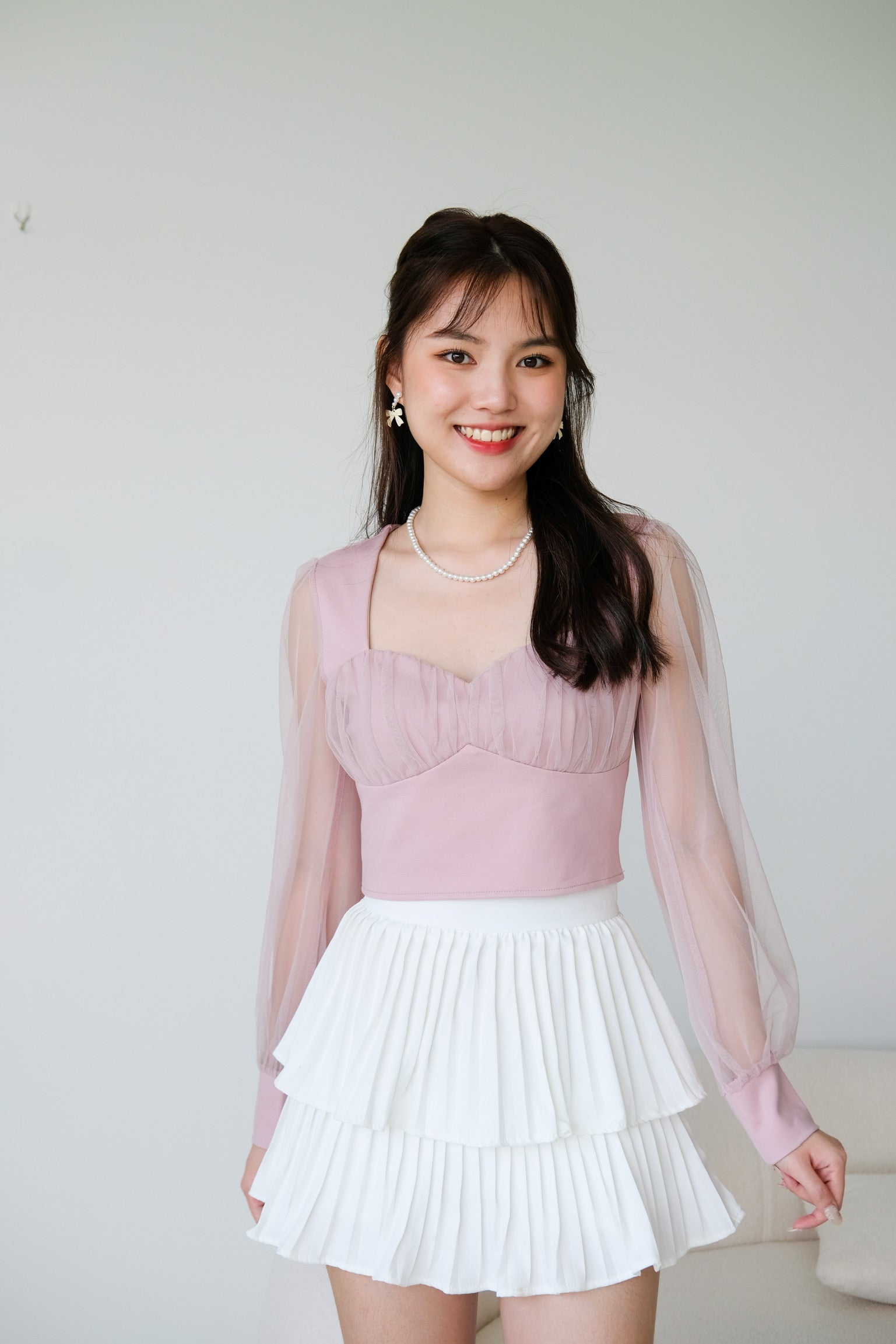 Sheer Sleeve Square Neck Crop Top (Pink)