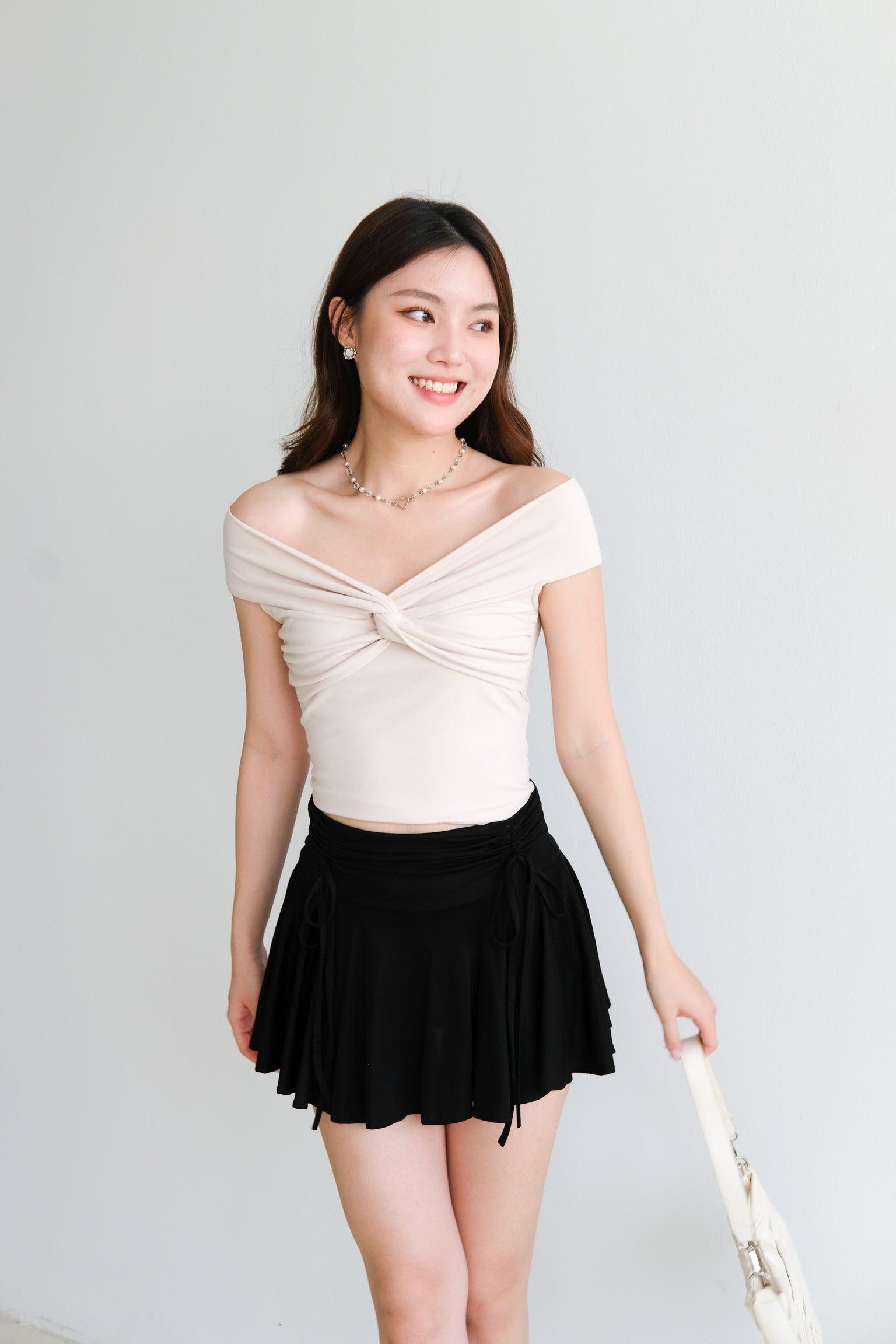 Angela Twist Knot Off Shoulder Crop (Beige)