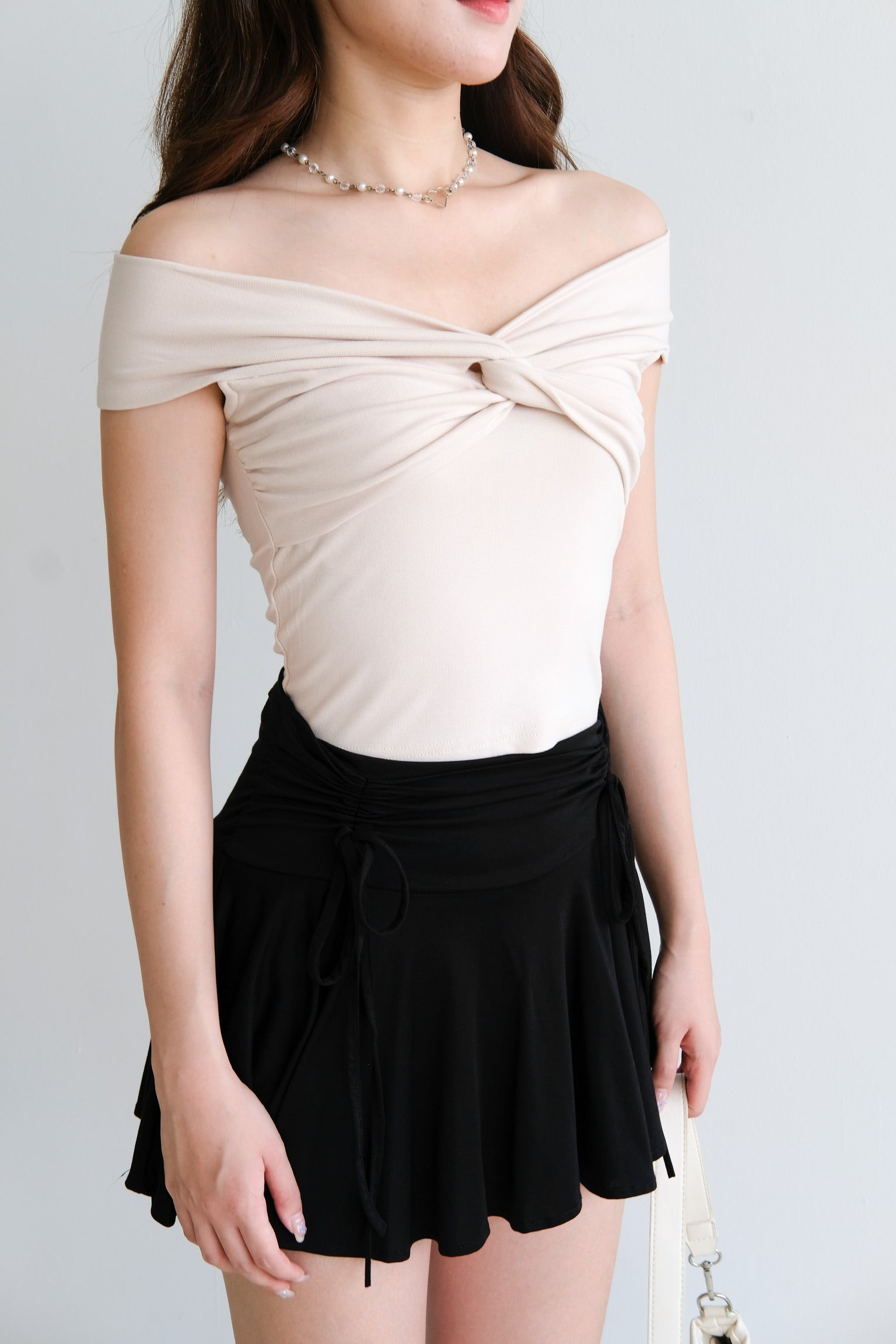 Angela Twist Knot Off Shoulder Crop (Beige)