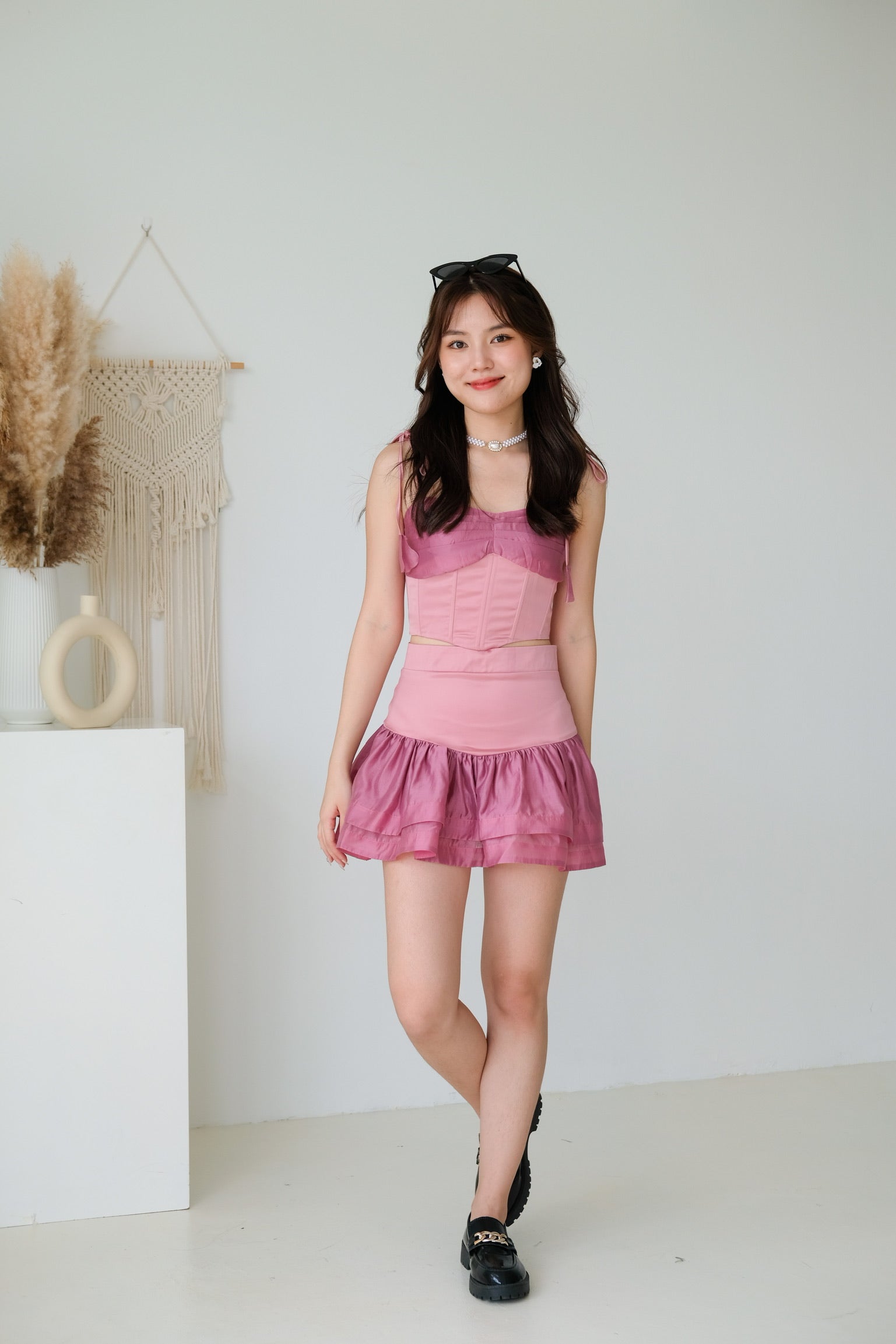 Self Tie Ribbon Crop Tops (Pink)
