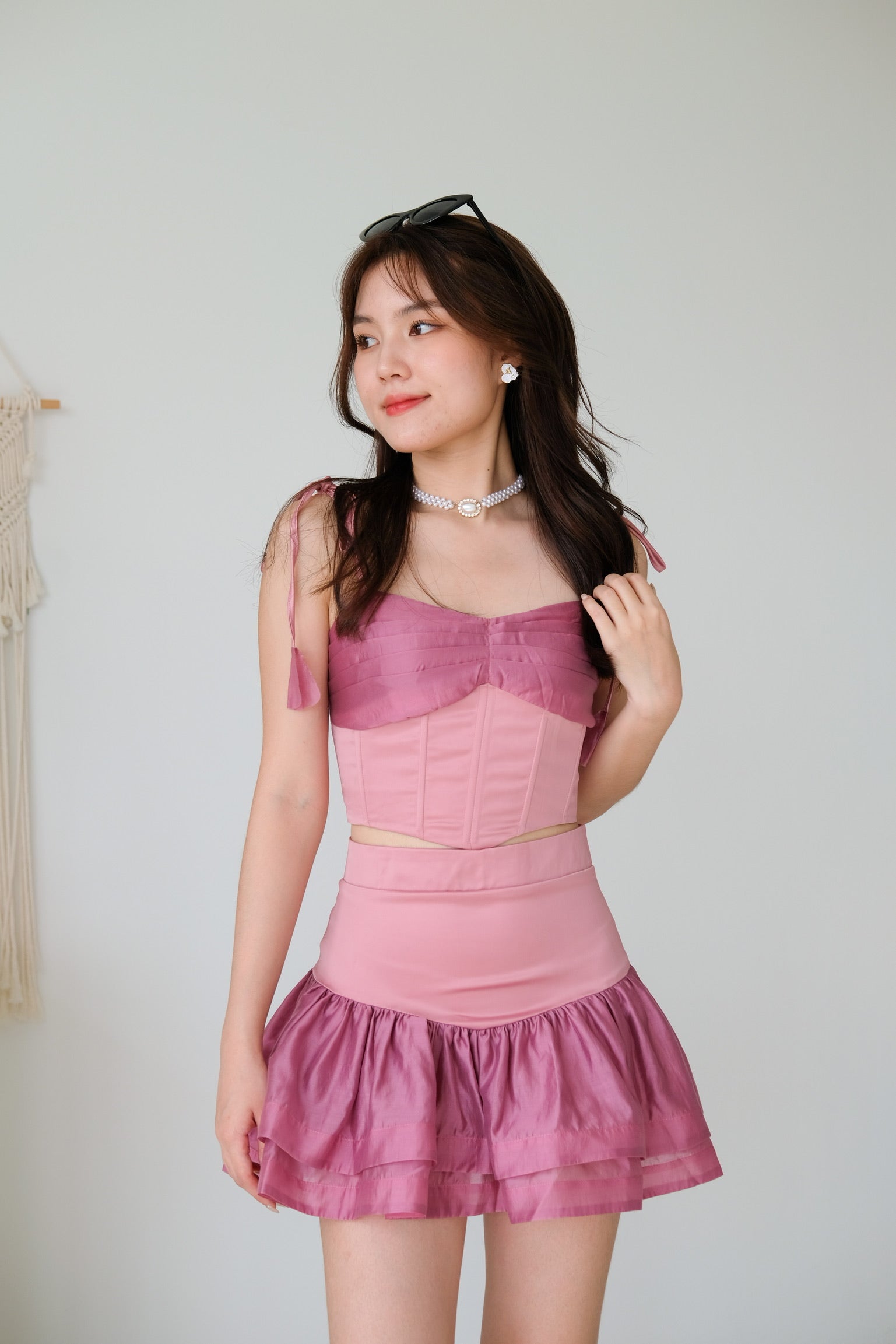 Self Tie Ribbon Crop Tops (Pink)