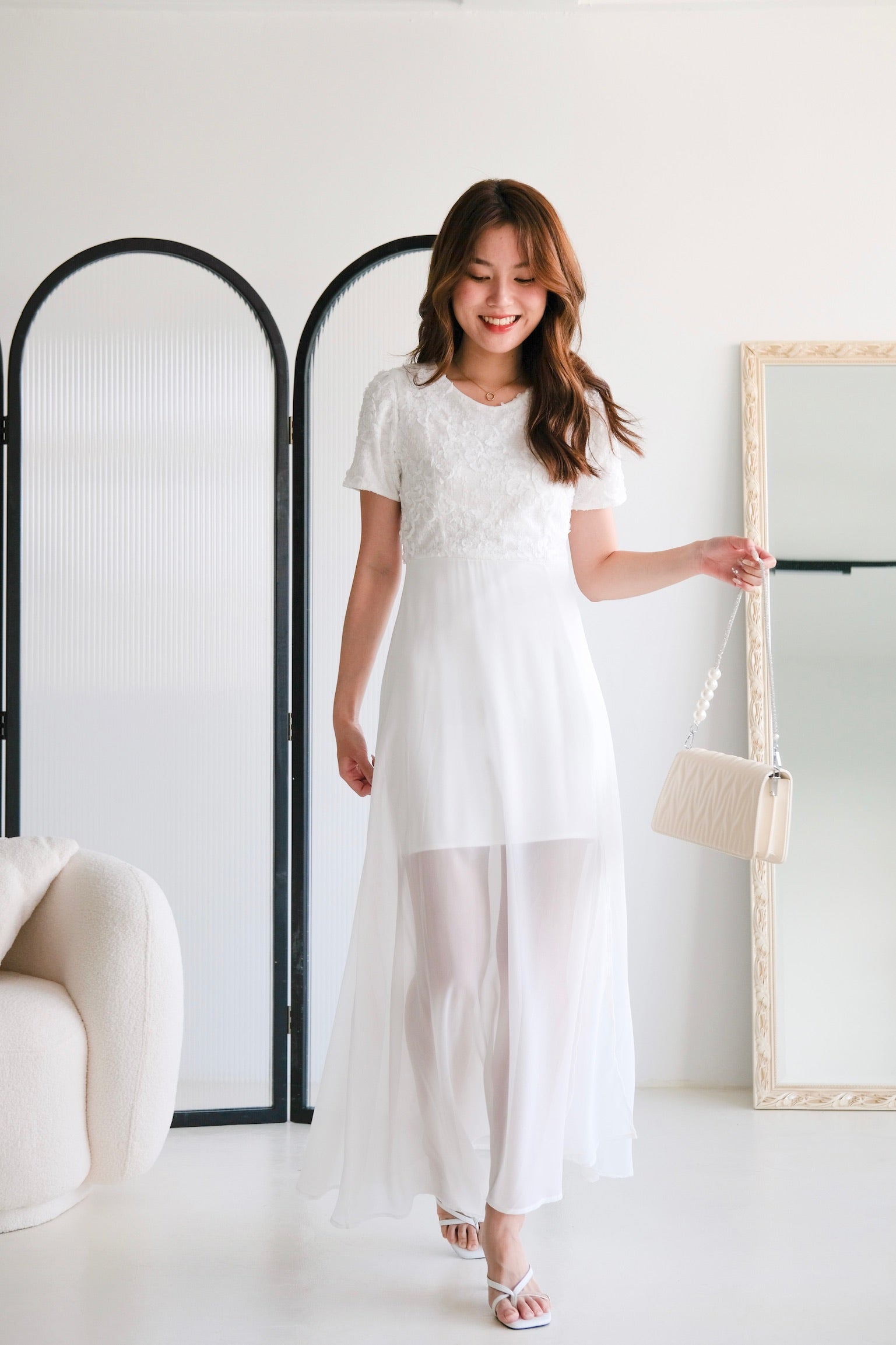 Soraya Lace Chiffon Slit Maxi Dress (White)
