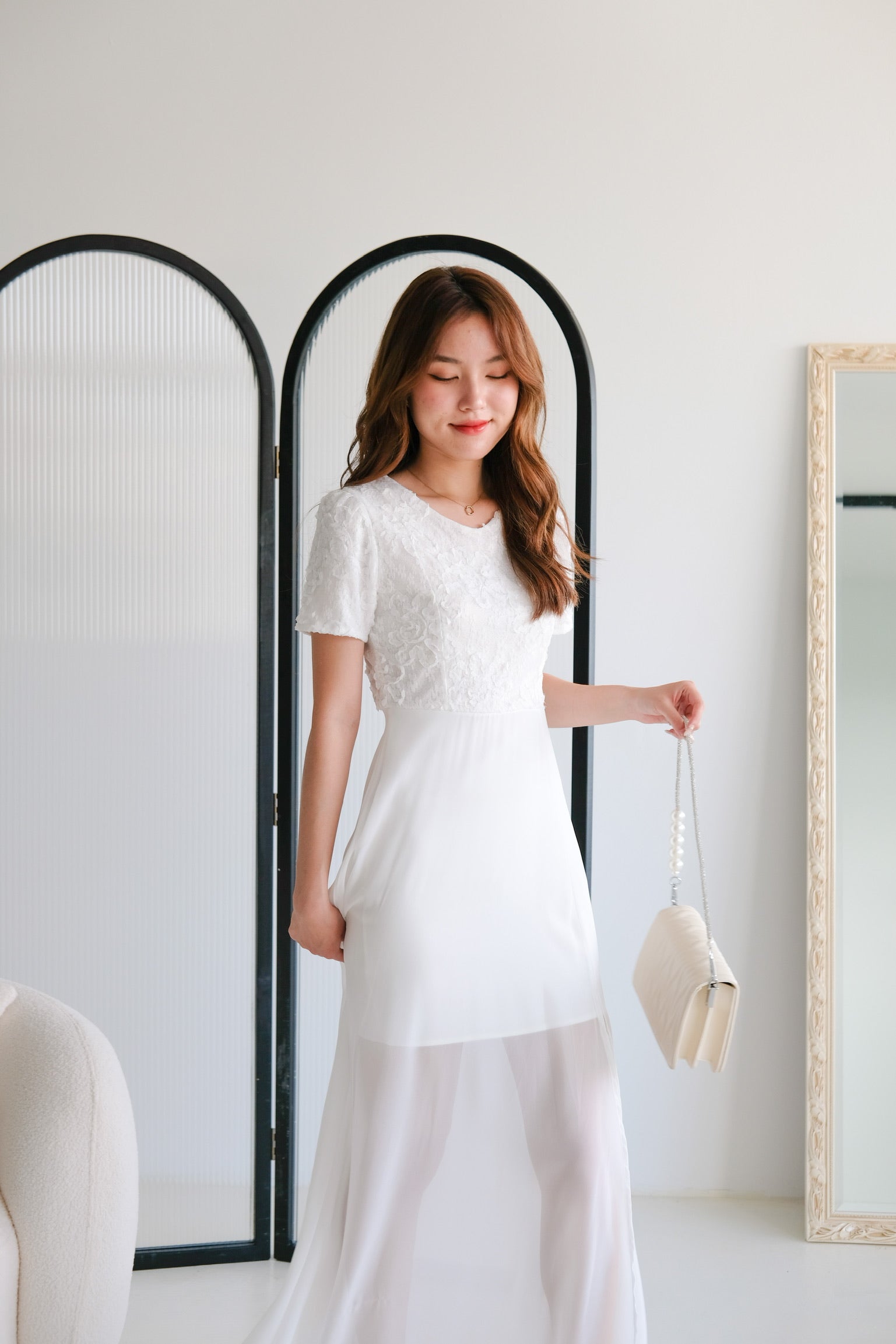 Soraya Lace Chiffon Slit Maxi Dress (White)
