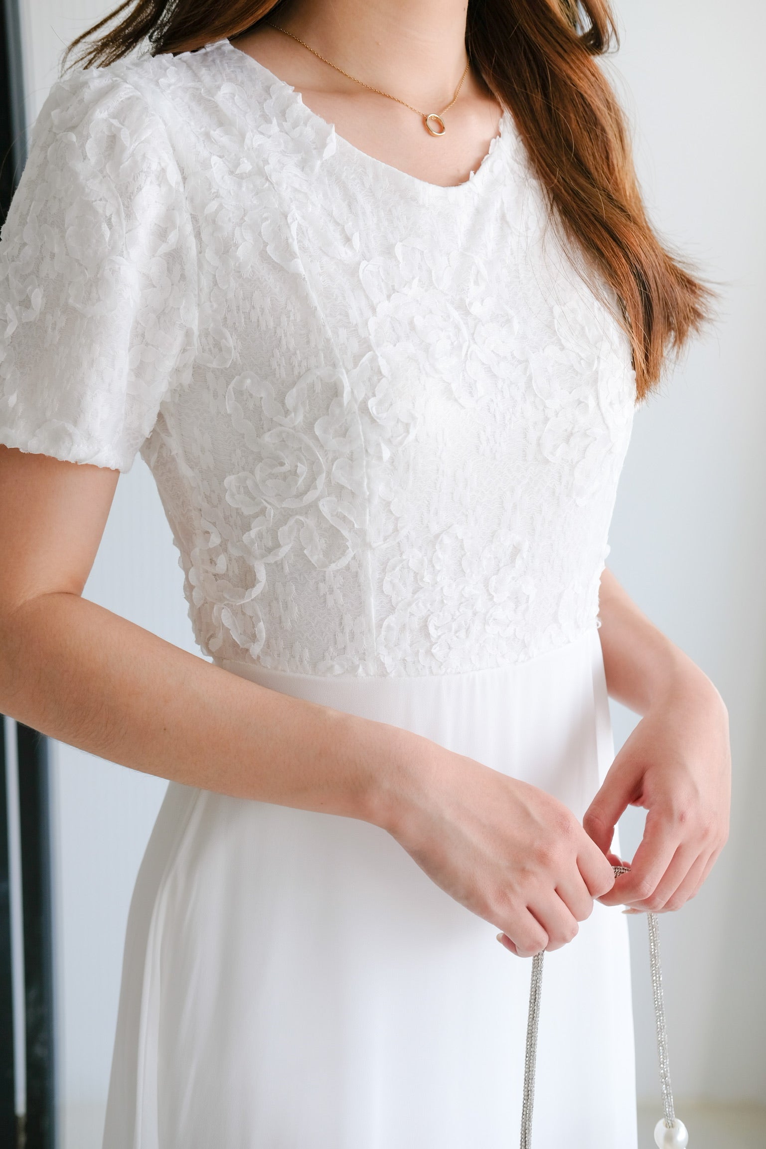 Soraya Lace Chiffon Slit Maxi Dress (White)