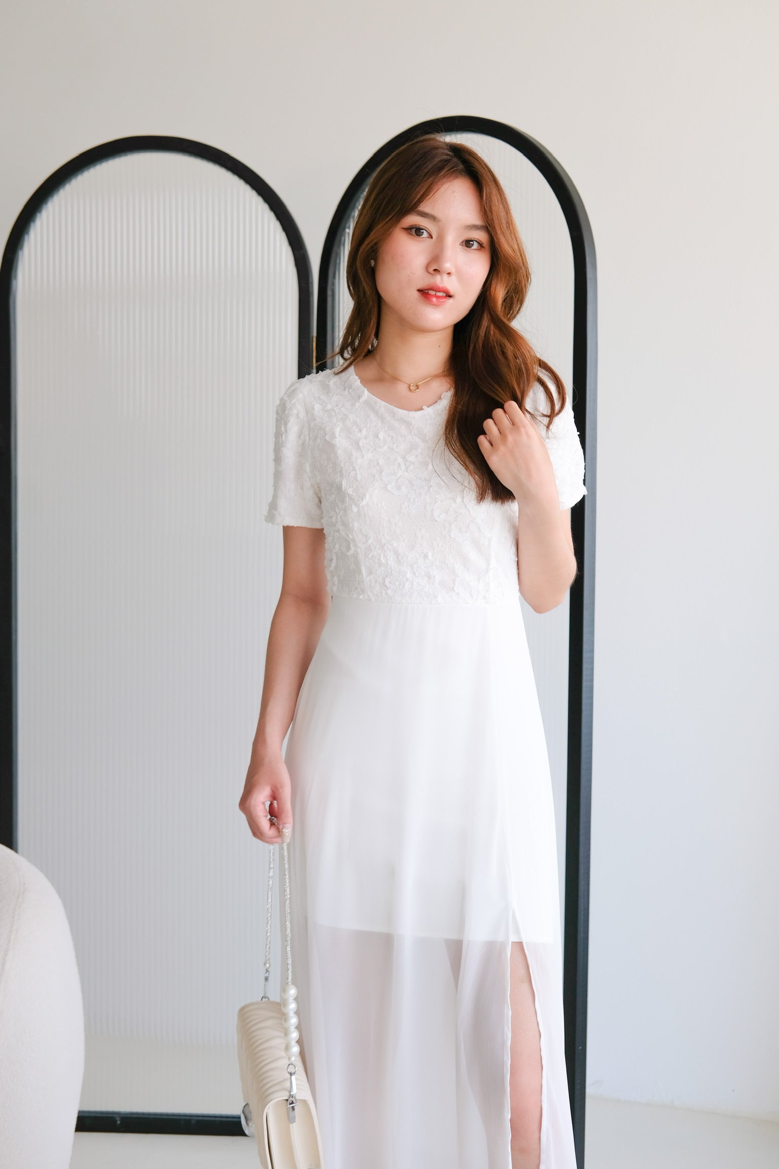 Soraya Lace Chiffon Slit Maxi Dress (White)
