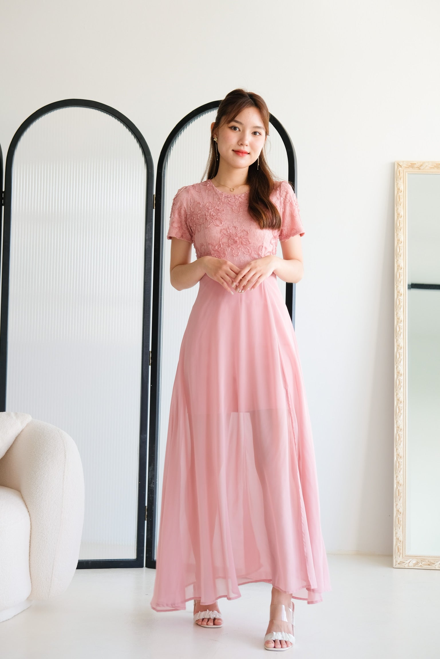 Soraya Lace Chiffon Slit Maxi Dress (Pink)
