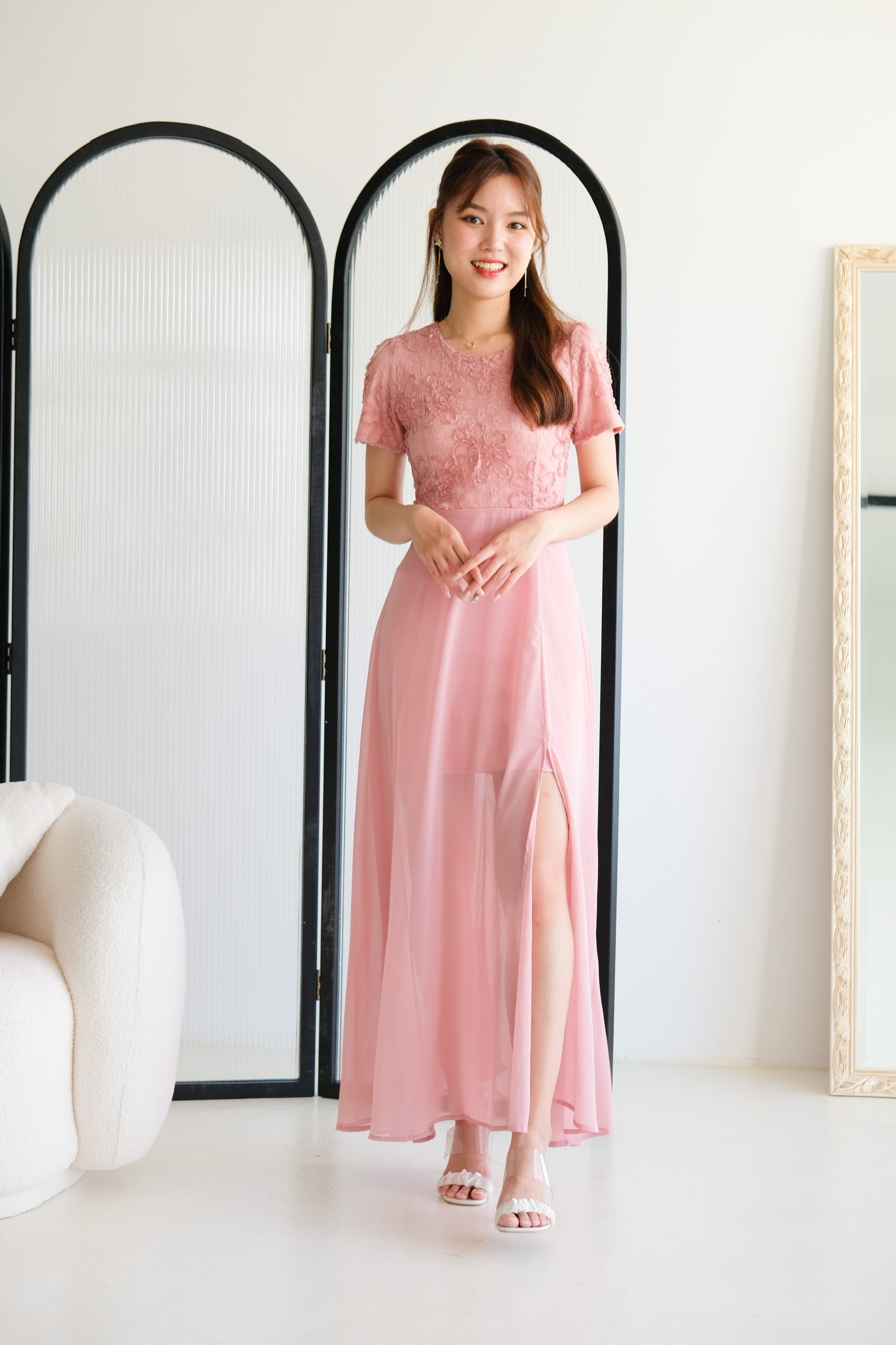 Soraya Lace Chiffon Slit Maxi Dress (Pink)