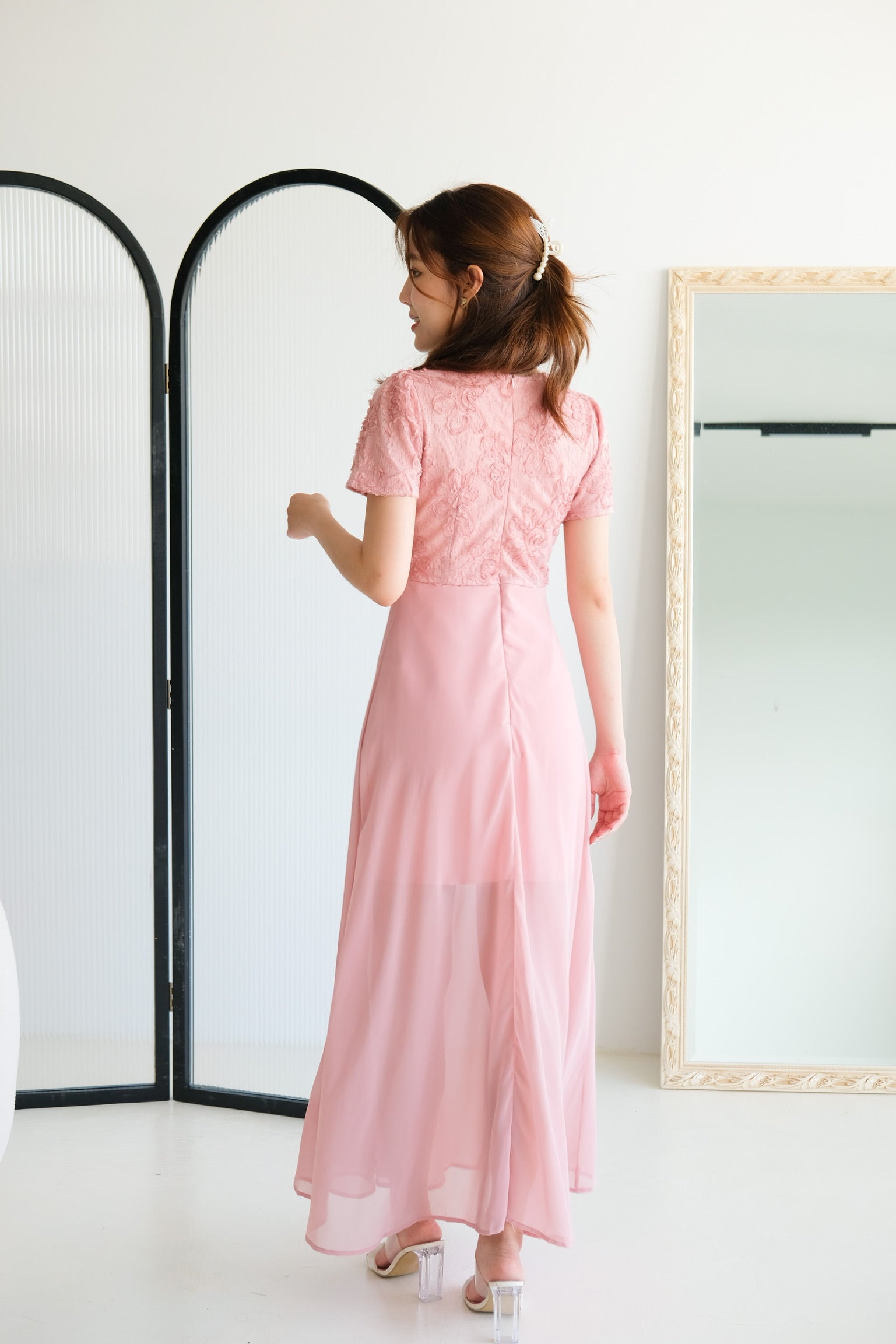 Soraya Lace Chiffon Slit Maxi Dress (Pink)