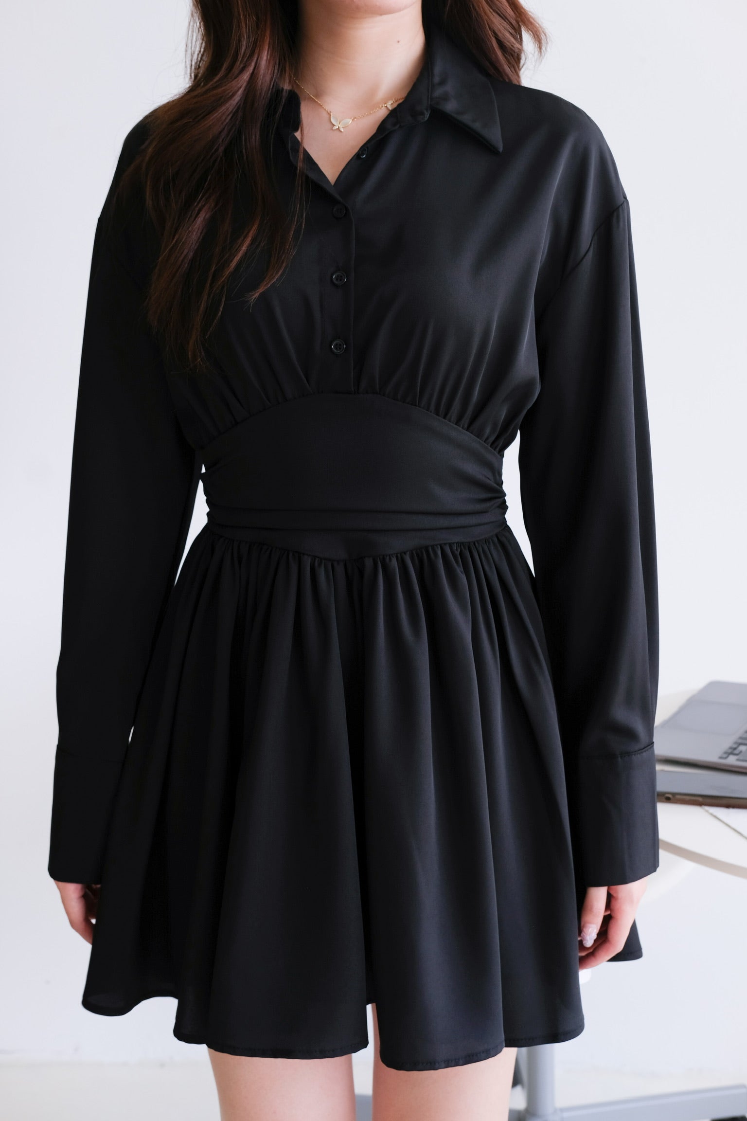 Mavis Collared Long Sleeve Dress (Black)