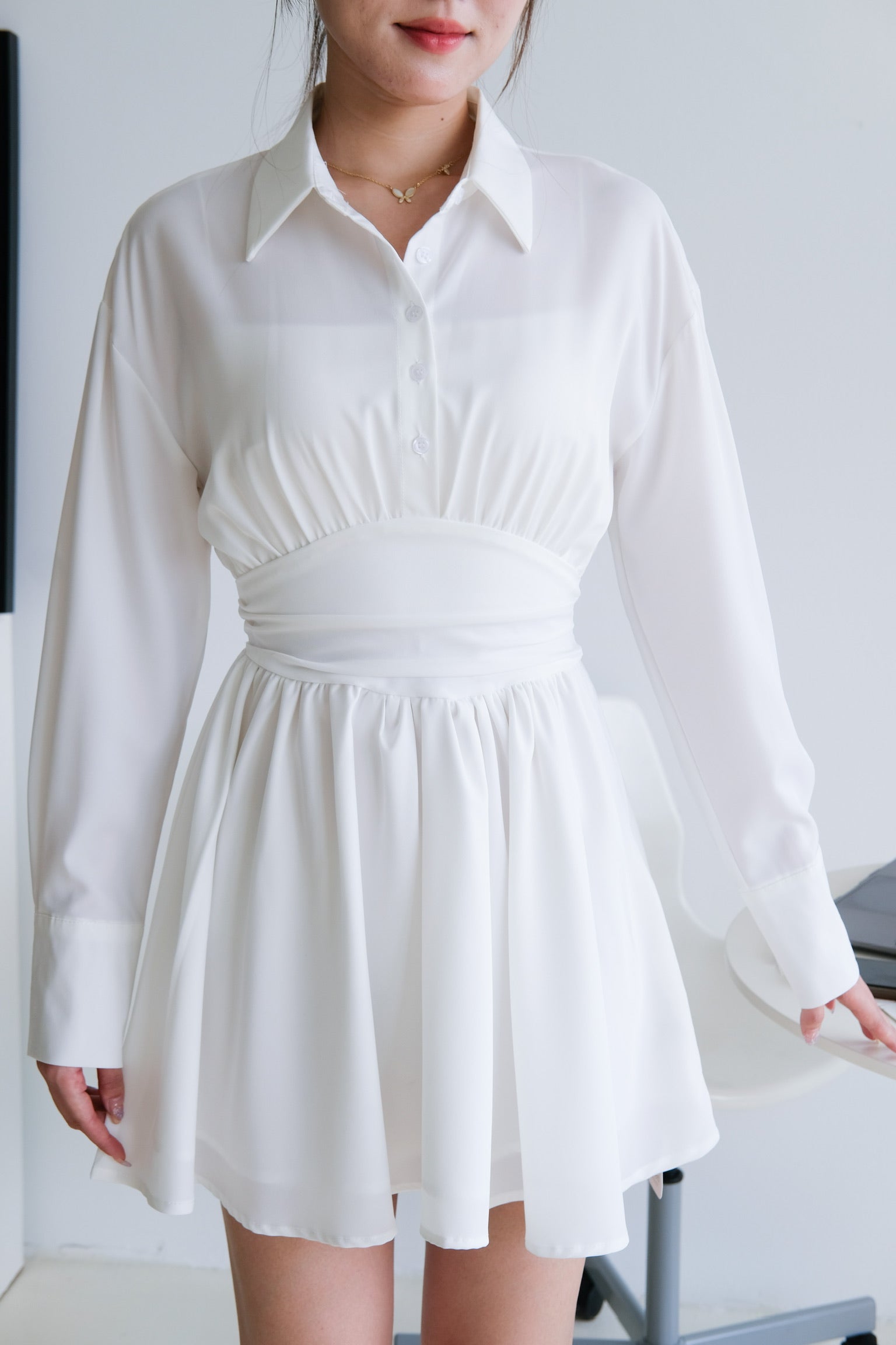 Mavis Collared Long Sleeve Dress (White)