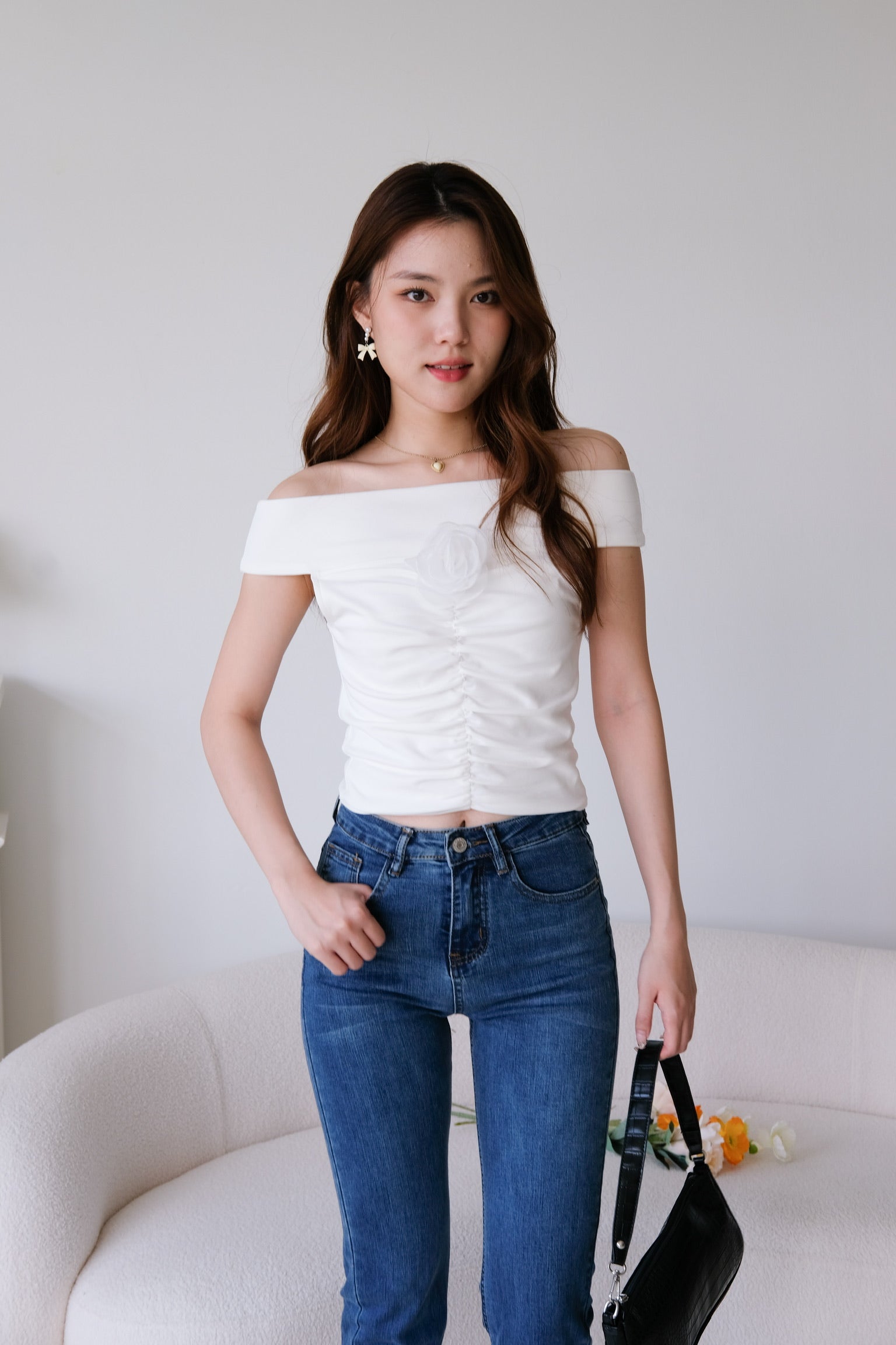 Ernie Rose Off Shoulder Crop (White)