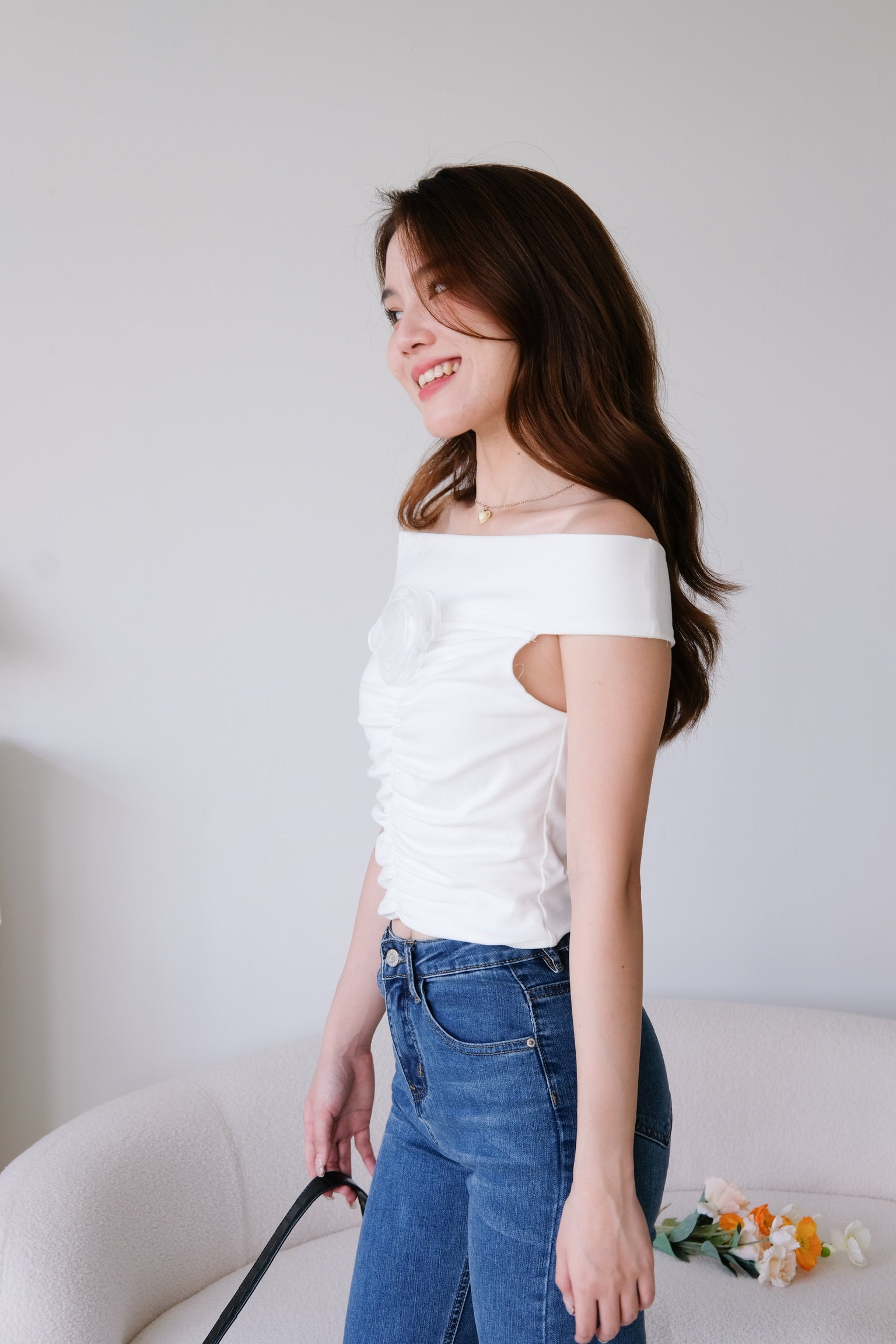 Ernie Rose Off Shoulder Crop (White)