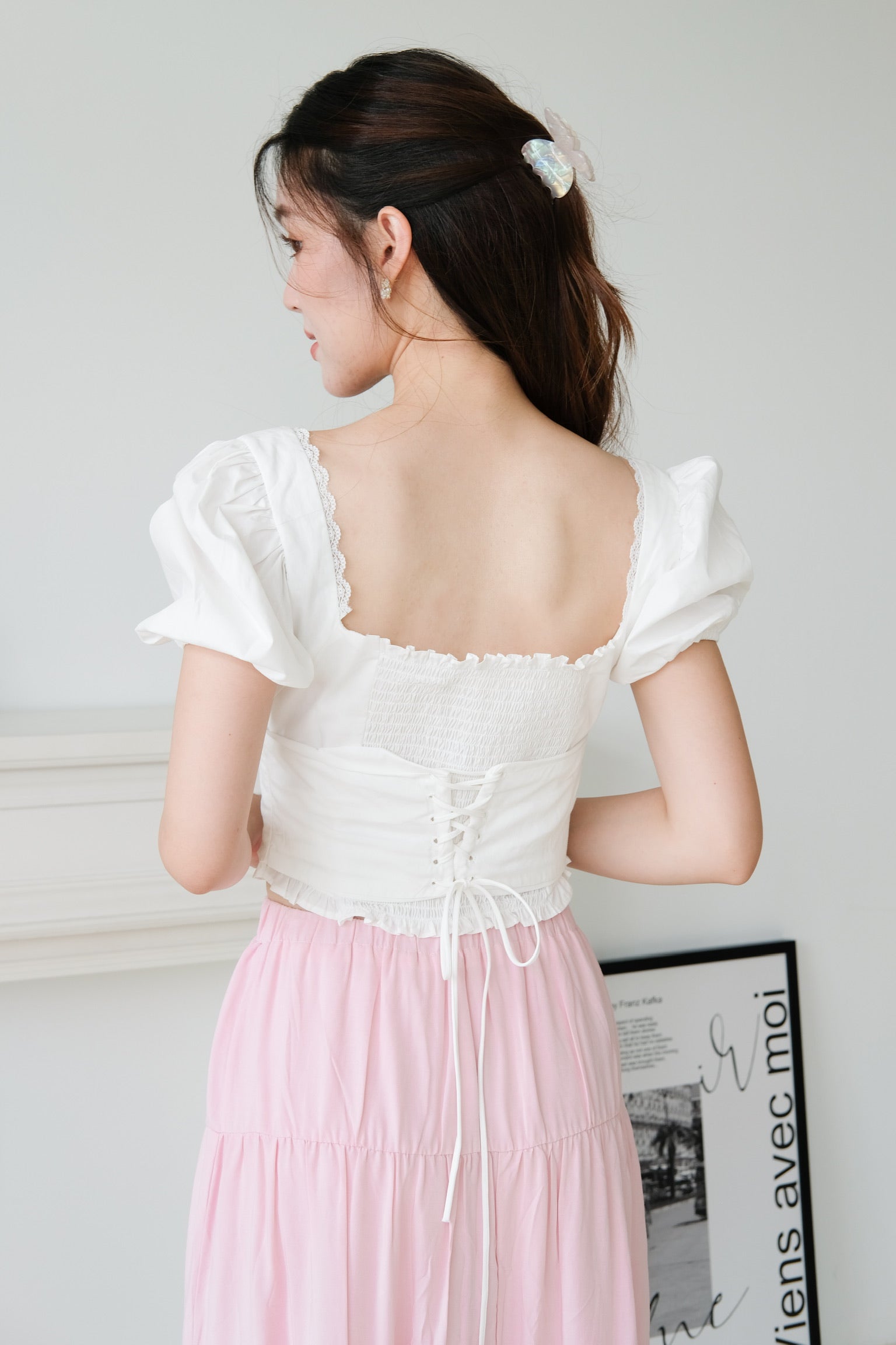 Tanya Ruched Corset Belt Crop Top (White)