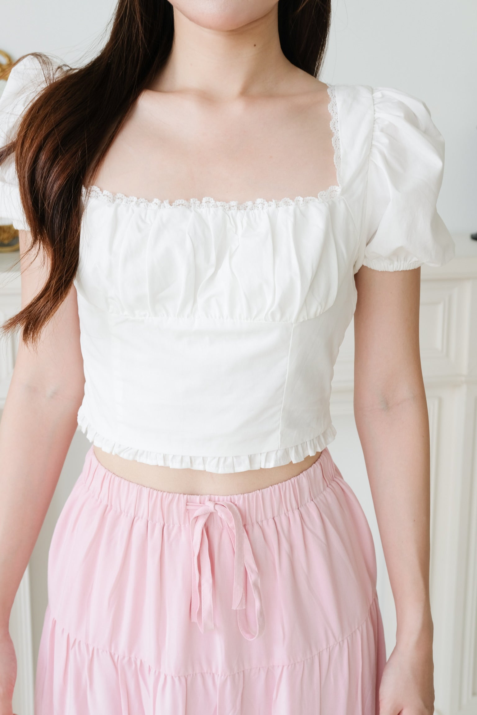 Tanya Ruched Corset Belt Crop Top (White)