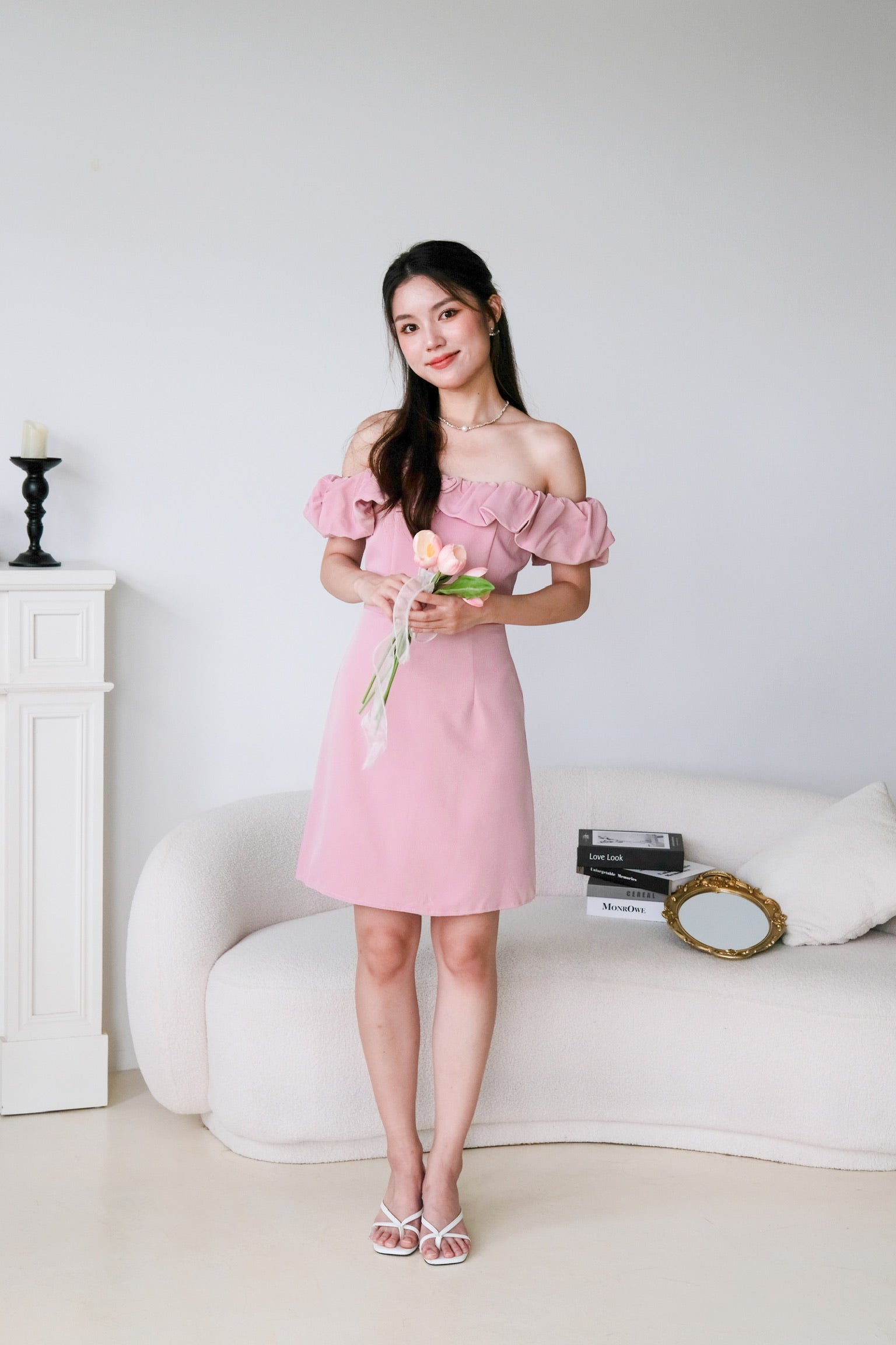 Brielle Off Shoulder Cloud Dress (Rose Pink)