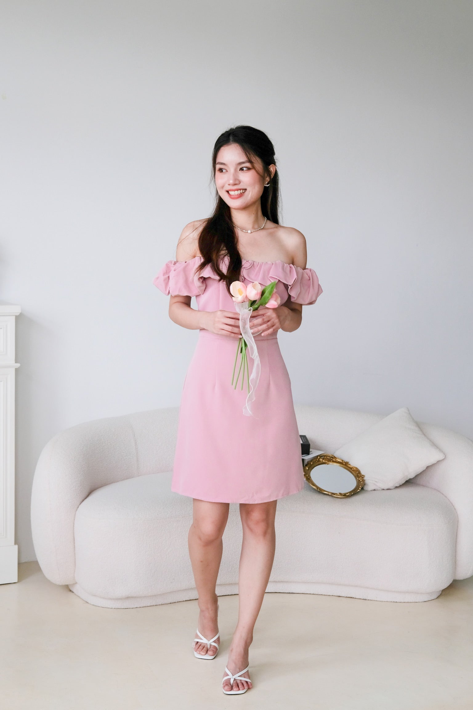 Brielle Off Shoulder Cloud Dress (Rose Pink)