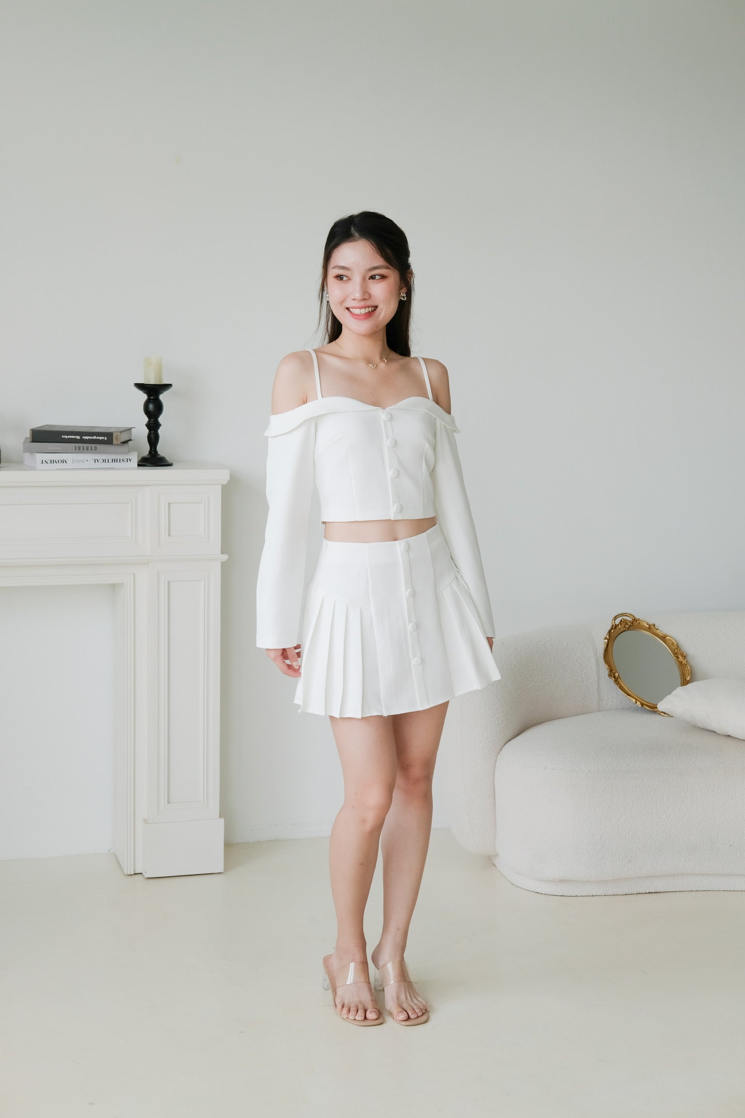 Dorothy Cold Shoulder Pleated Set (White)