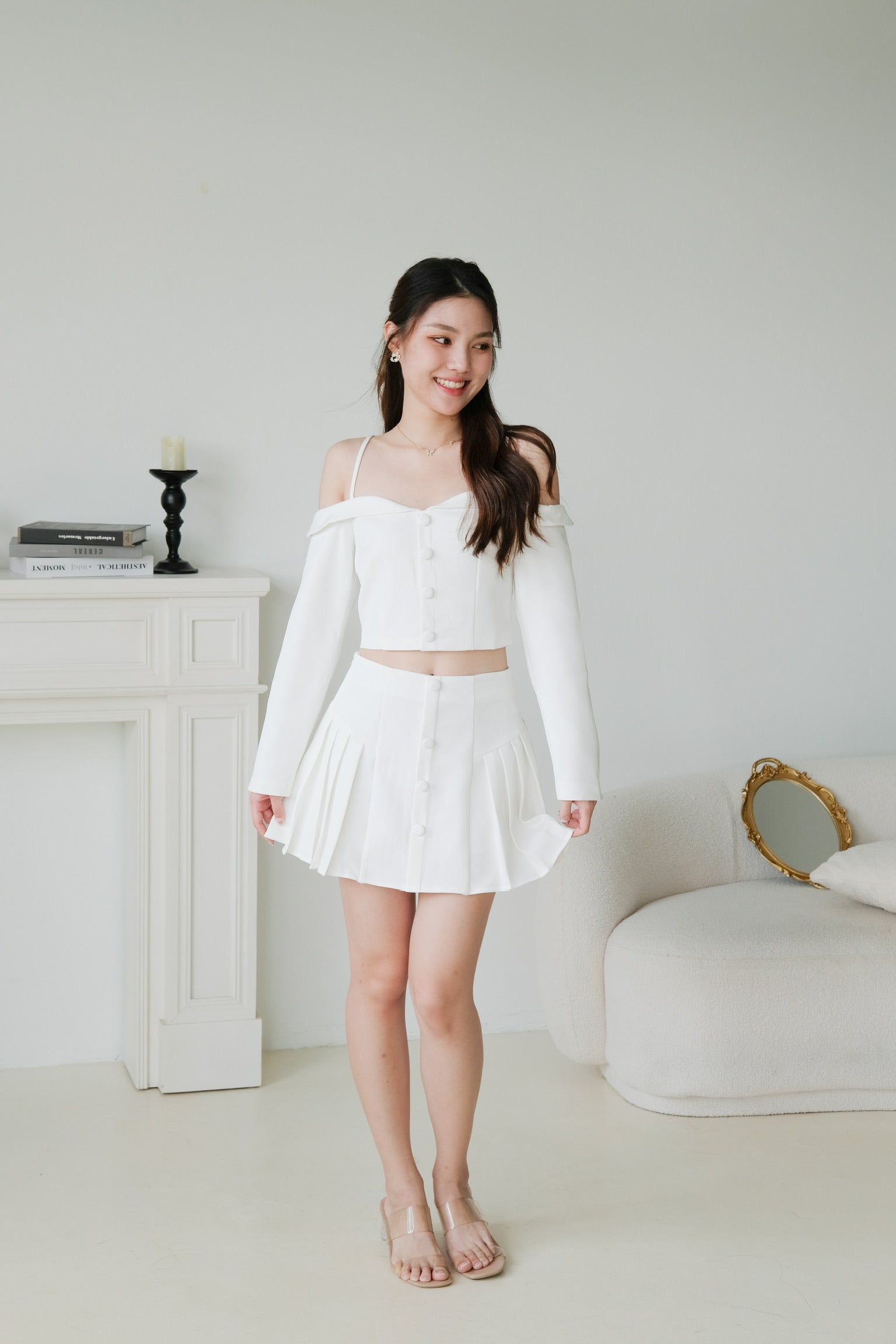 Dorothy Cold Shoulder Pleated Set (White)