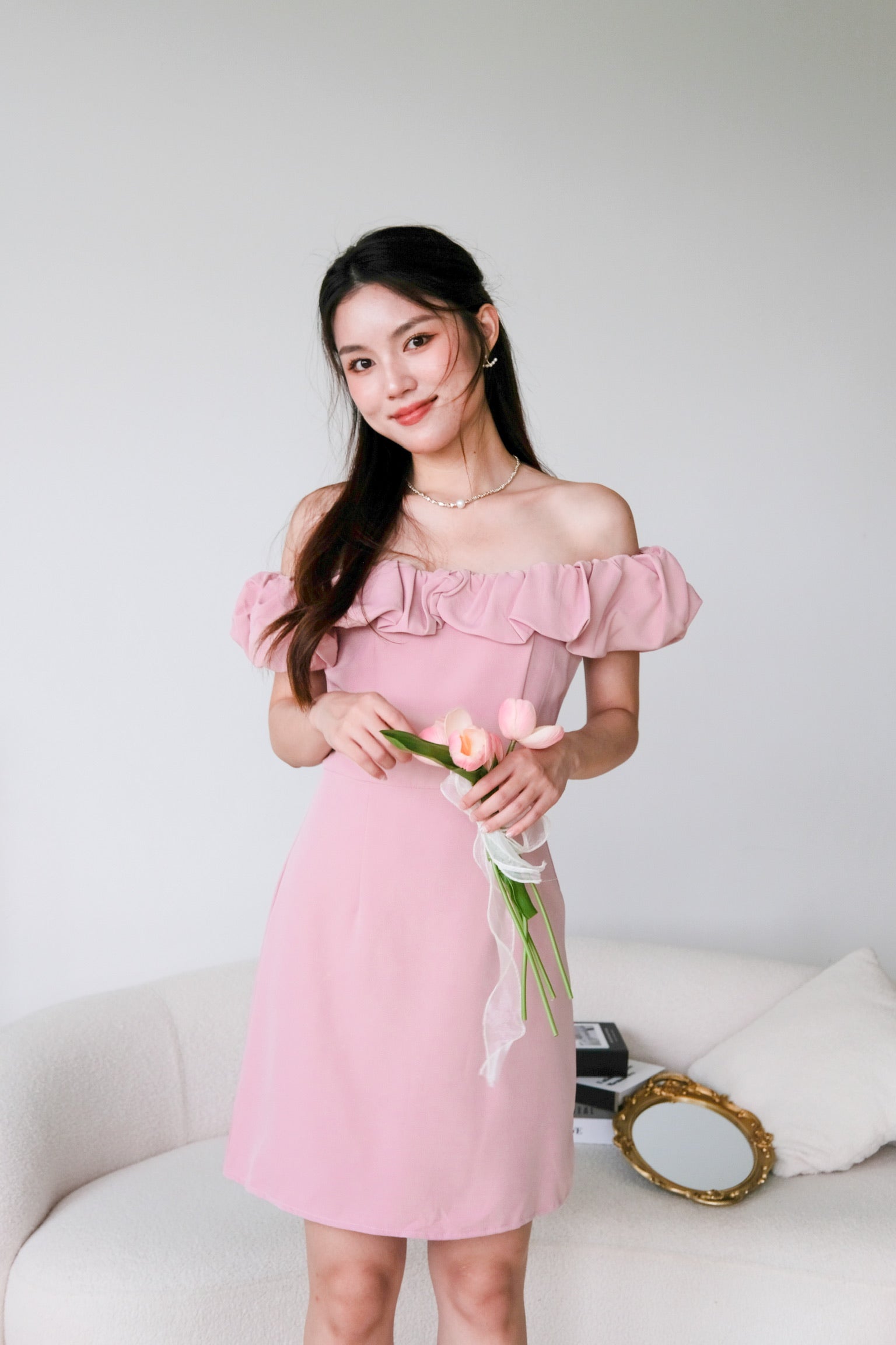 Brielle Off Shoulder Cloud Dress (Rose Pink)