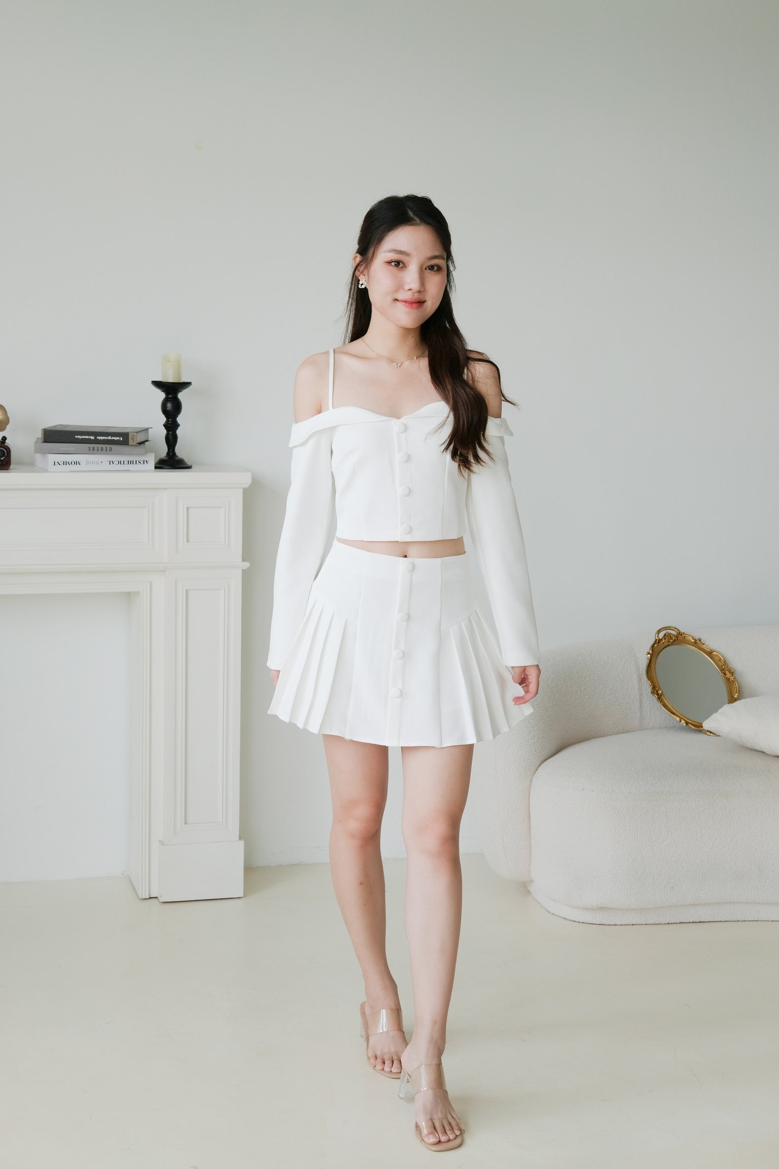 Dorothy Cold Shoulder Pleated Set (White)