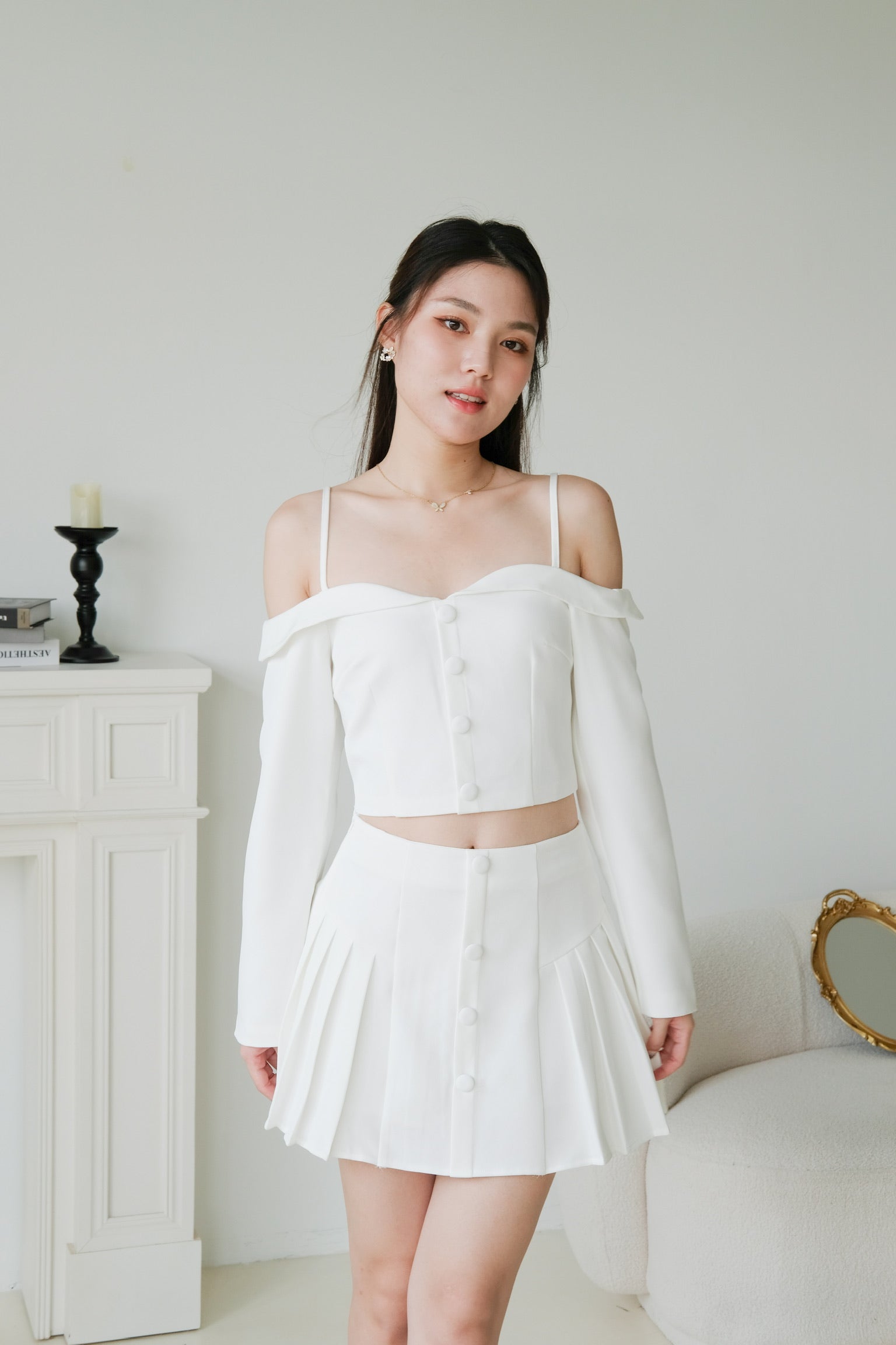 Dorothy Cold Shoulder Pleated Set (White)