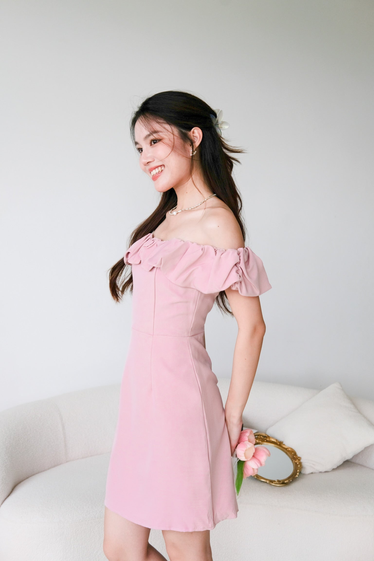 Brielle Off Shoulder Cloud Dress (Rose Pink)