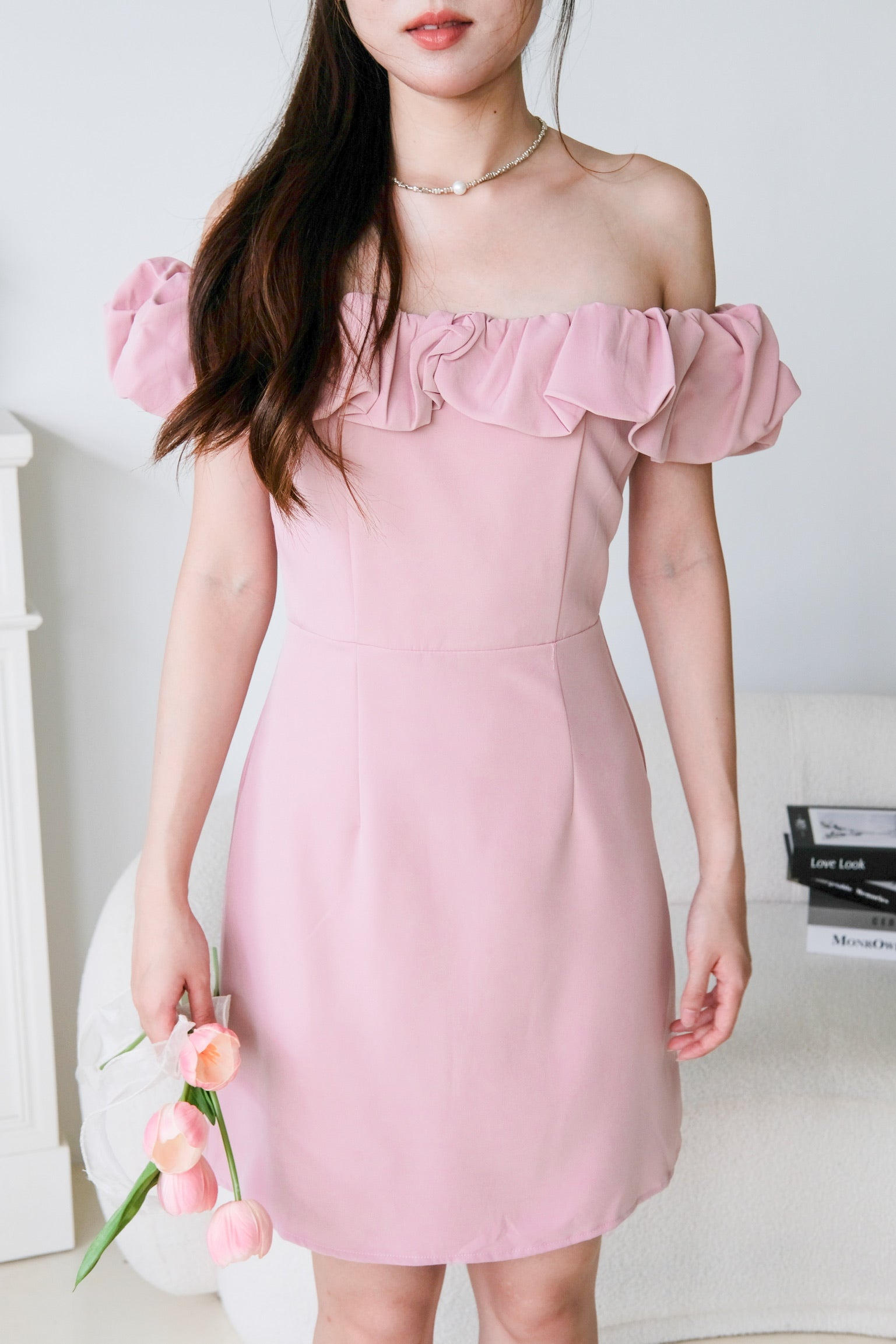 Brielle Off Shoulder Cloud Dress (Rose Pink)