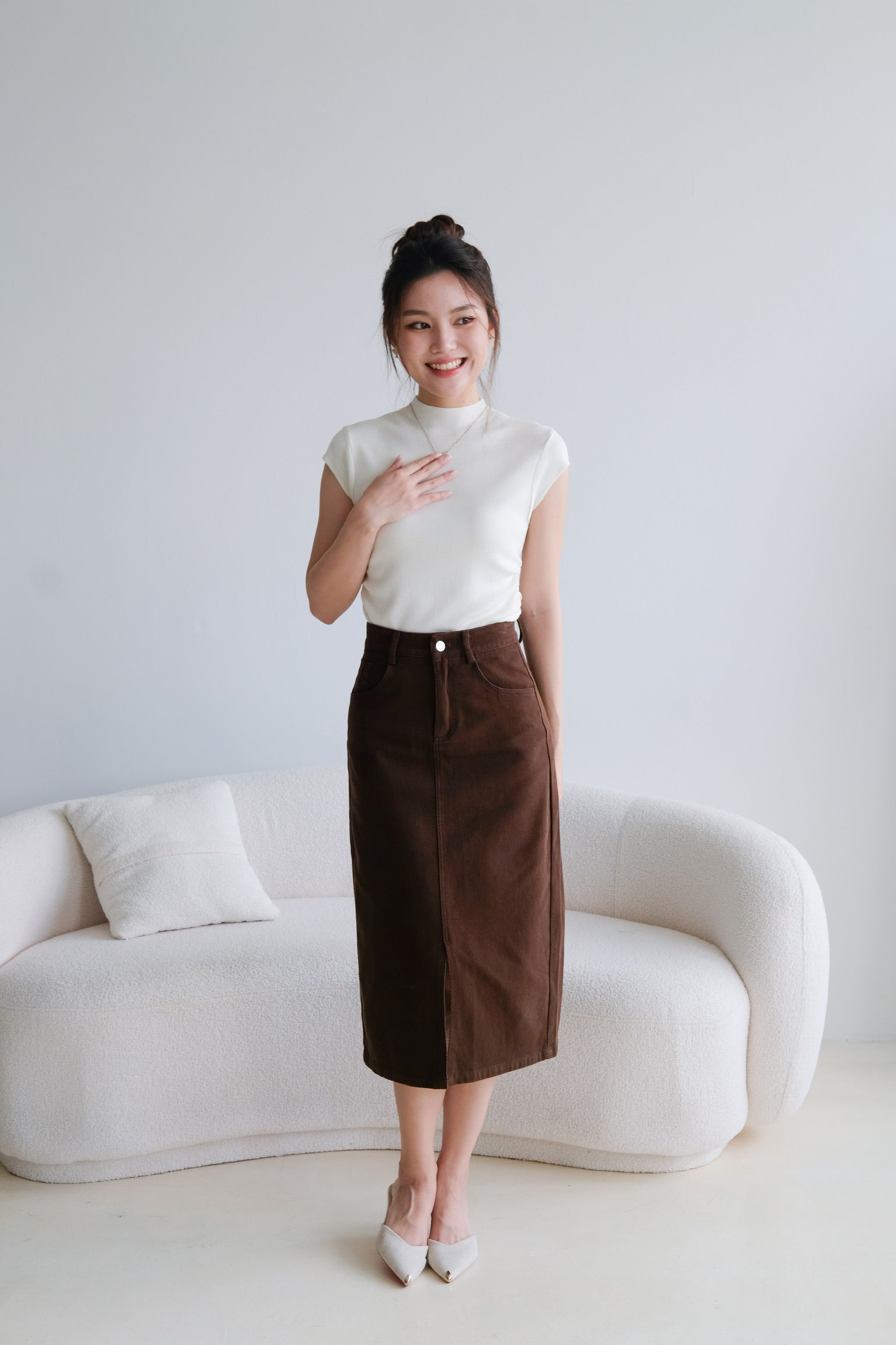 Rhea Belt Column Midi Skirt (Chocolate)