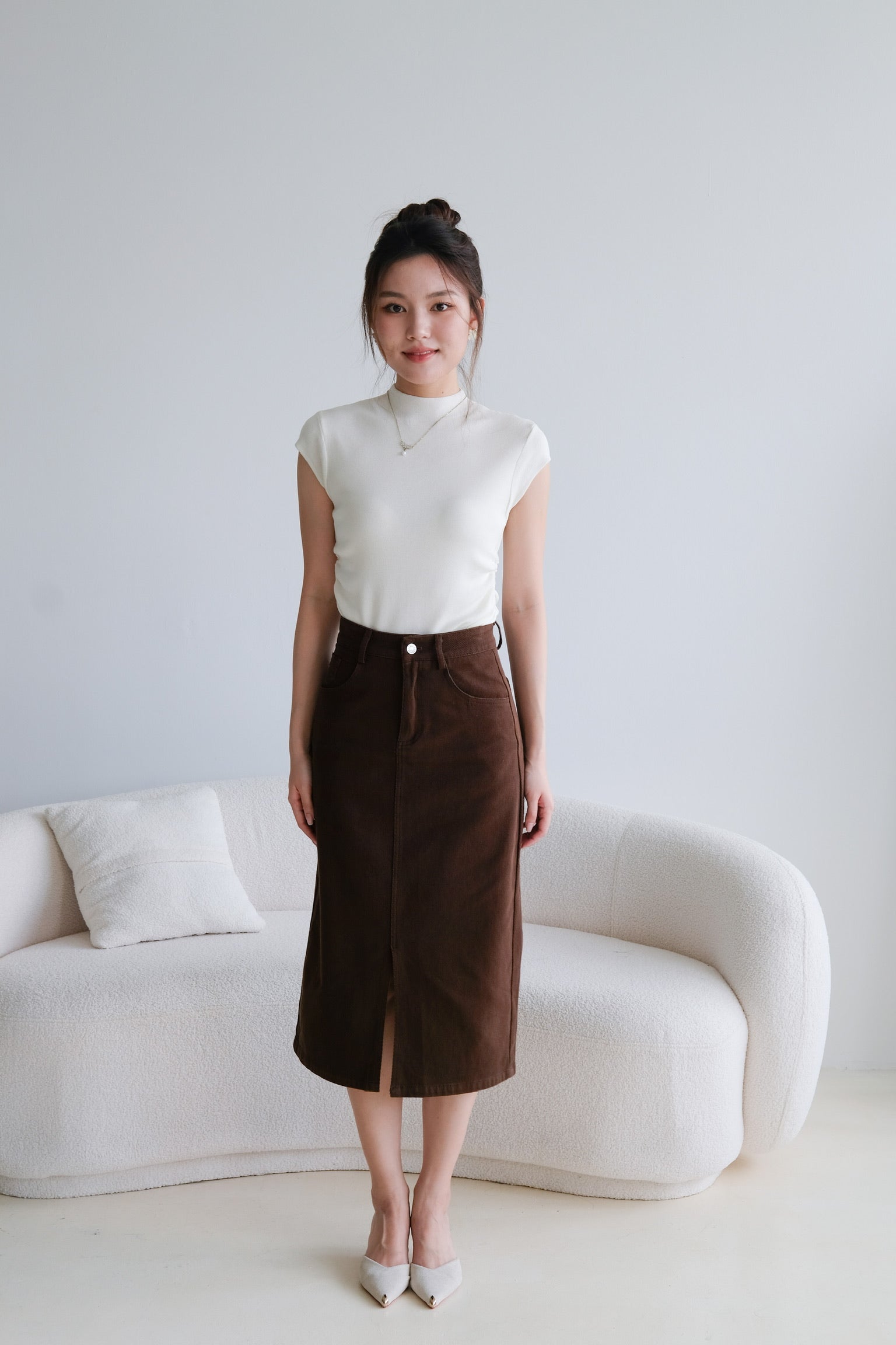 Rhea Belt Column Midi Skirt (Chocolate)