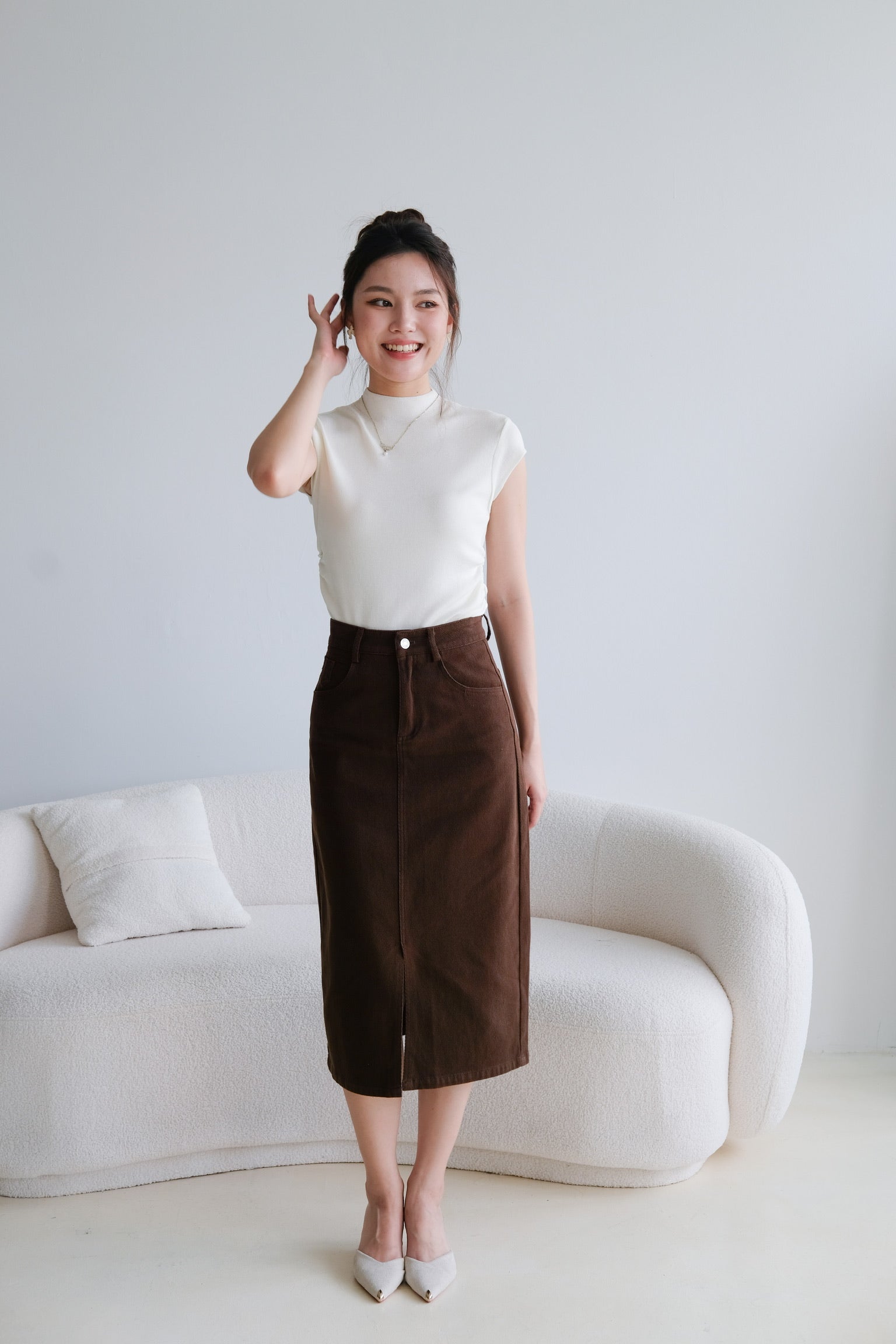 Rhea Belt Column Midi Skirt (Chocolate)