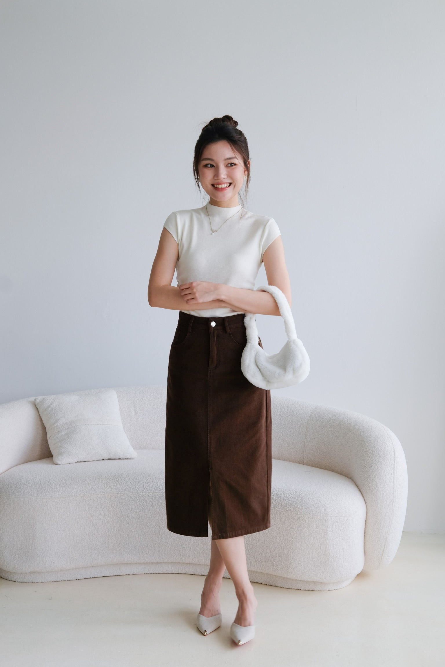 Rhea Belt Column Midi Skirt (Chocolate)