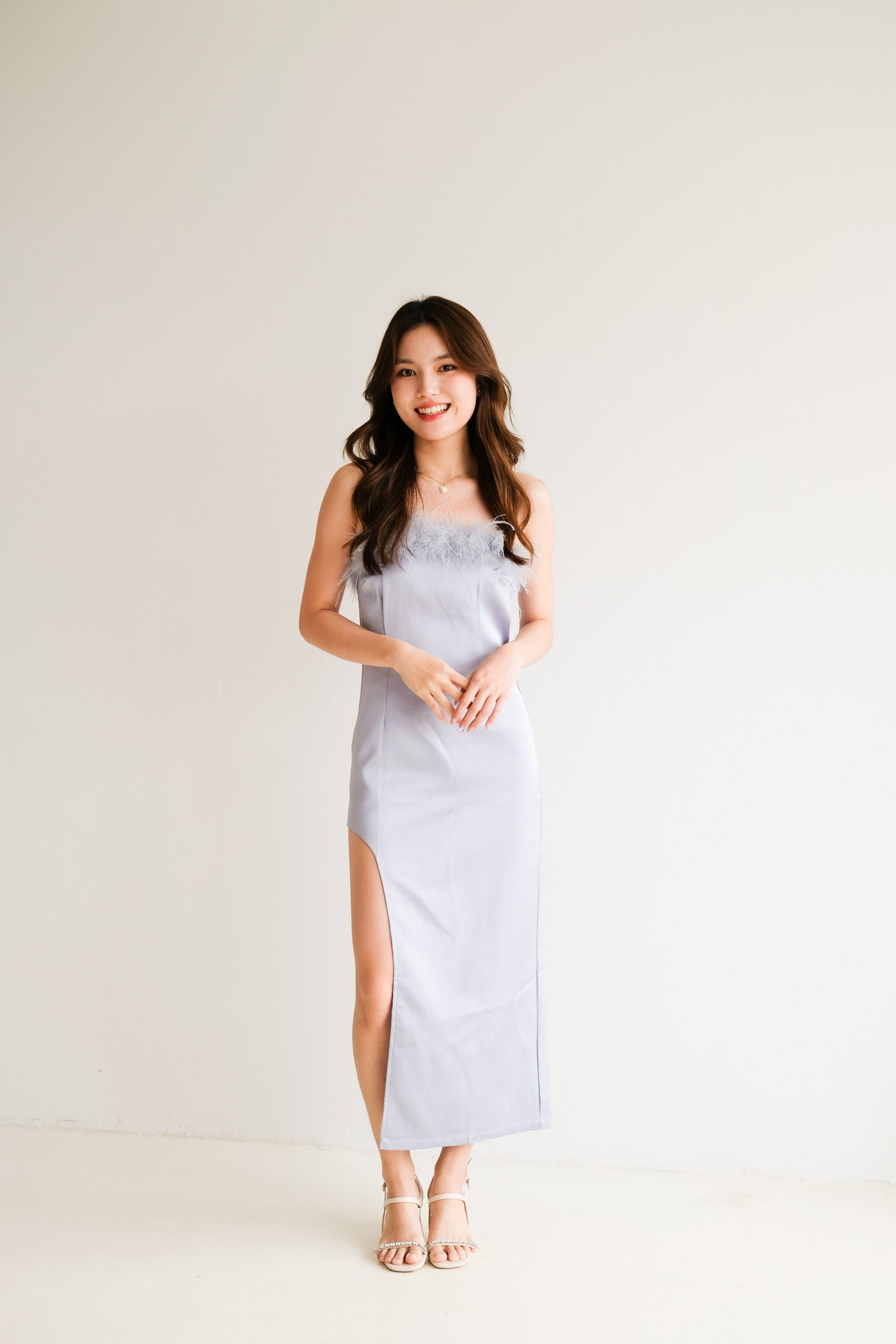 Venus Furry Satin Dinner Dress (Sky Blue)