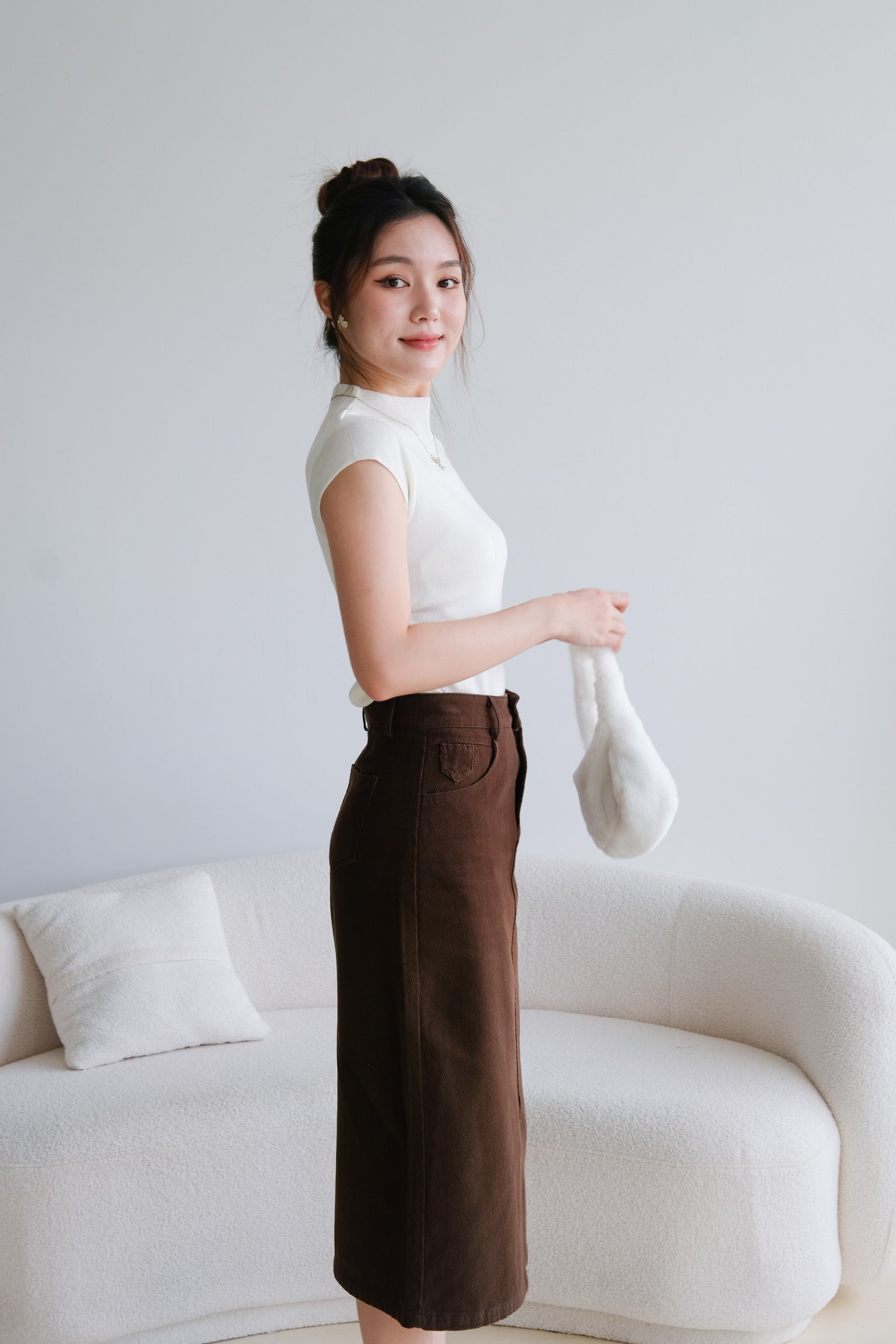 Rhea Belt Column Midi Skirt (Chocolate)