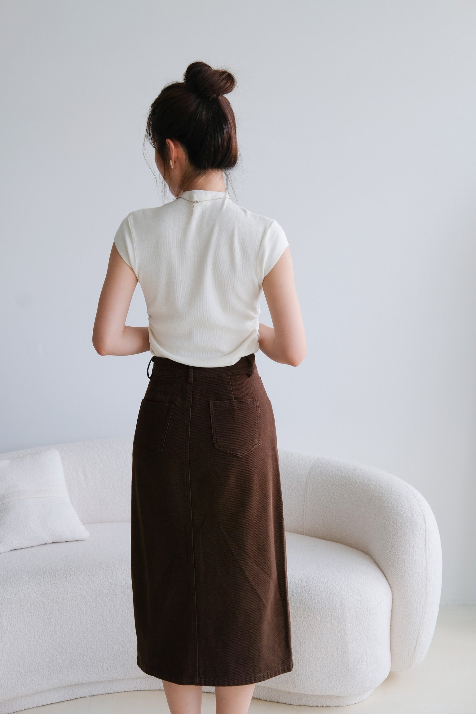 Rhea Belt Column Midi Skirt (Chocolate)