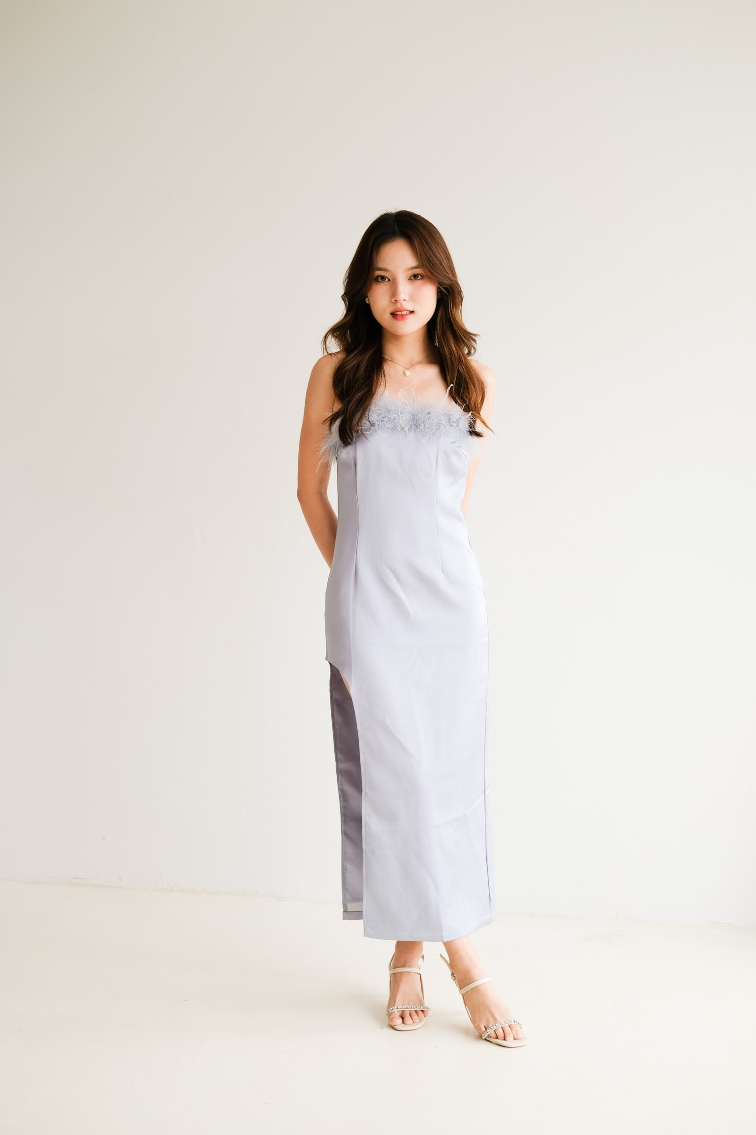 Venus Furry Satin Dinner Dress (Sky Blue)