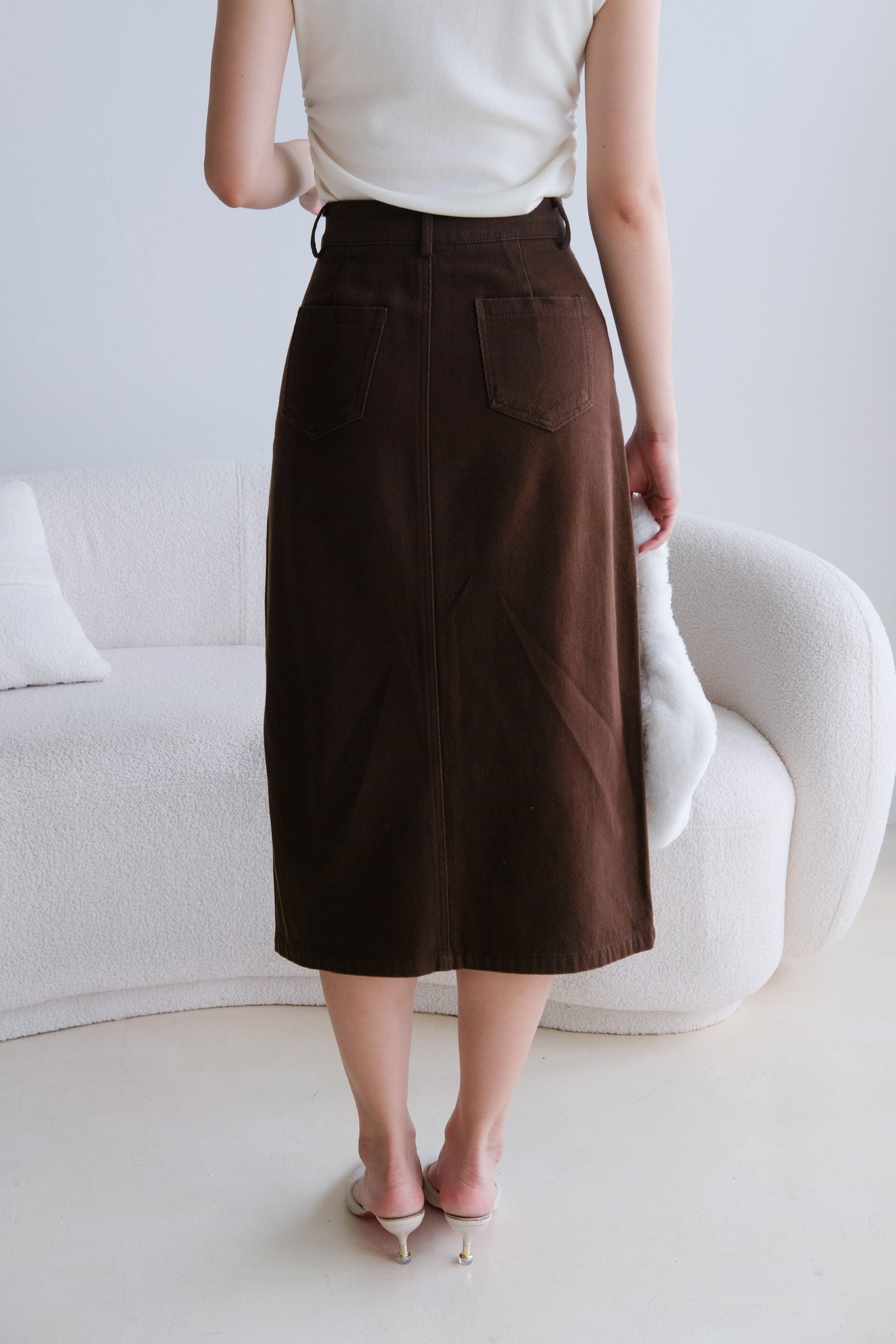 Rhea Belt Column Midi Skirt (Chocolate)