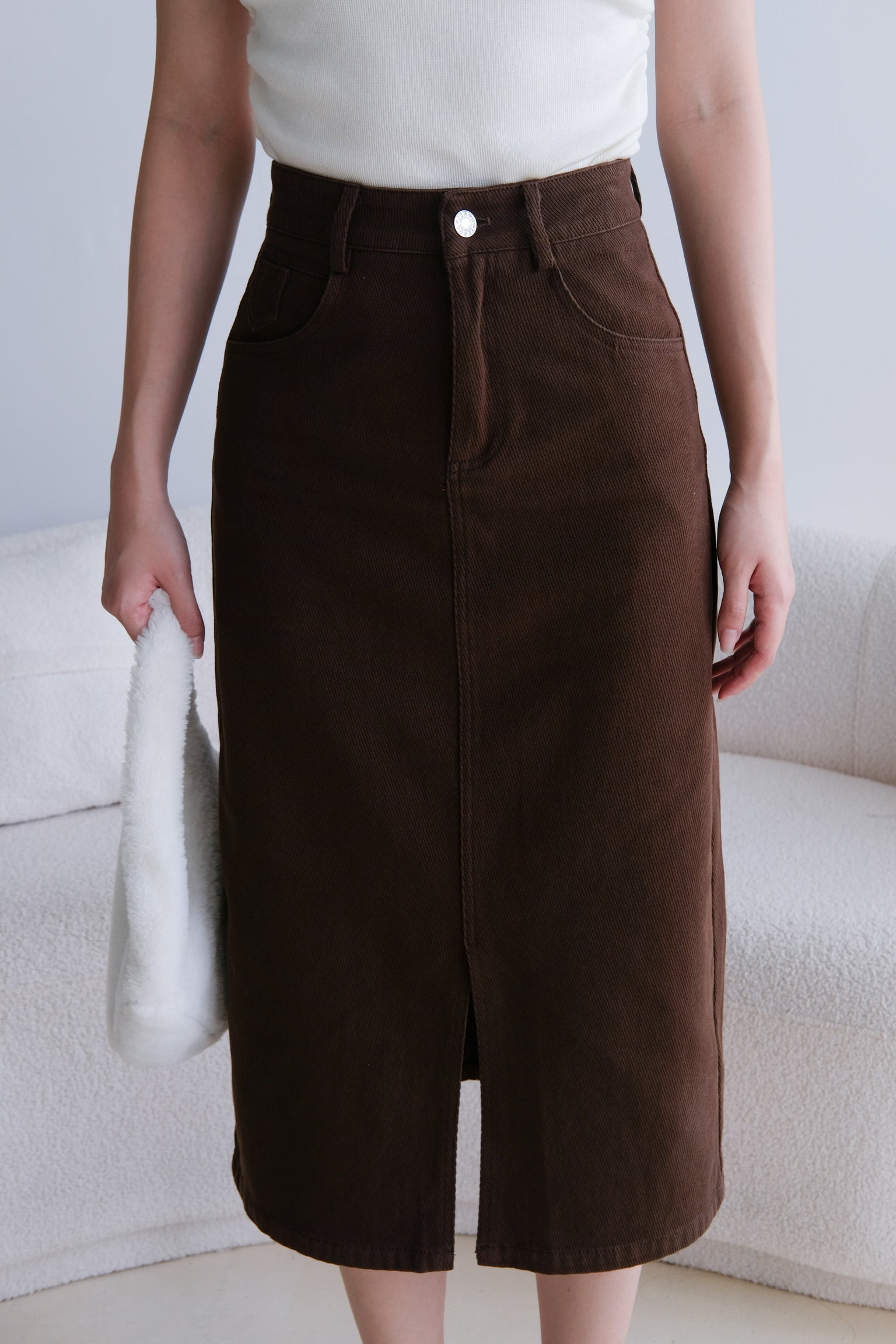 Rhea Belt Column Midi Skirt (Chocolate)