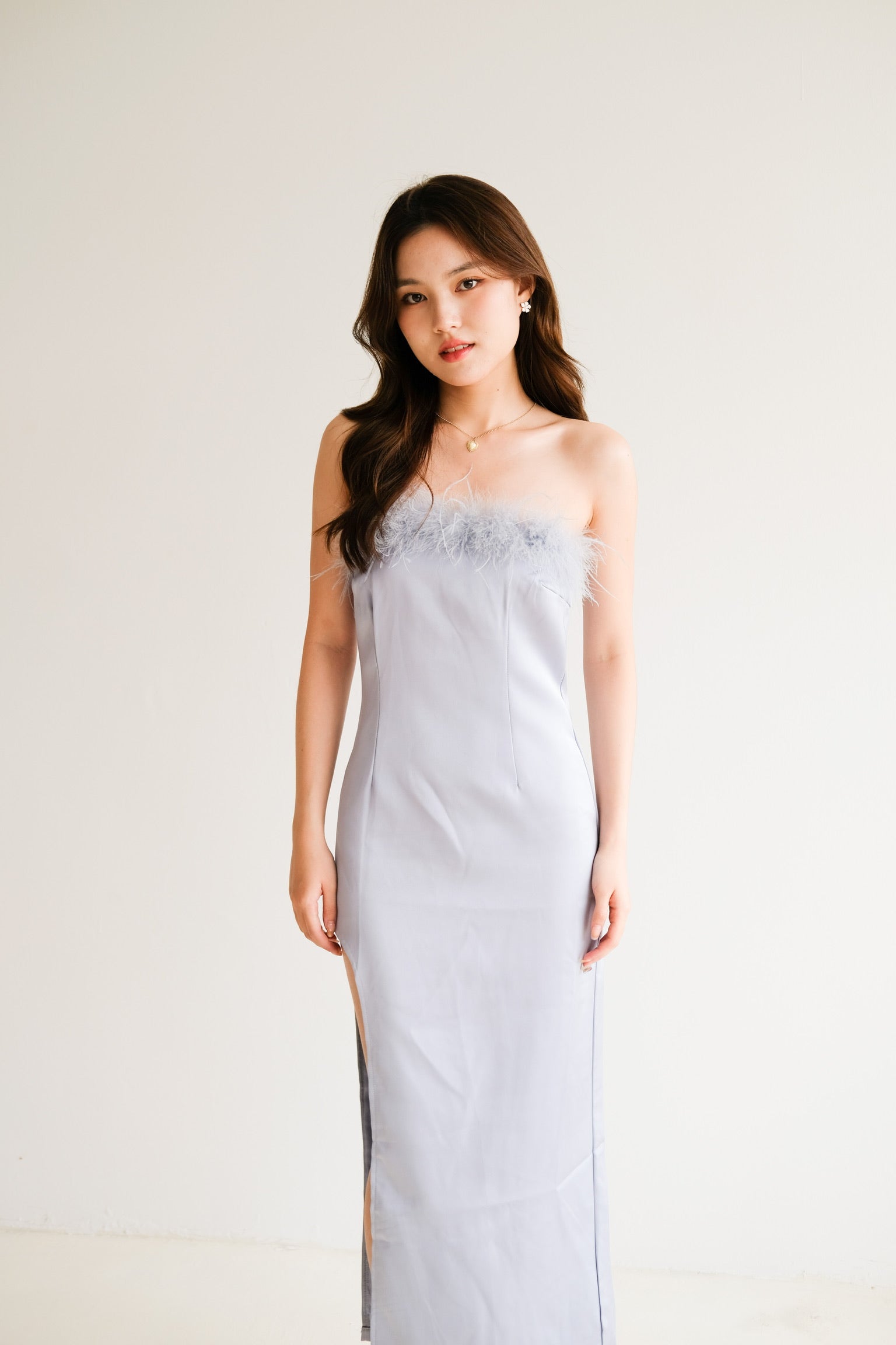 Venus Furry Satin Dinner Dress (Sky Blue)