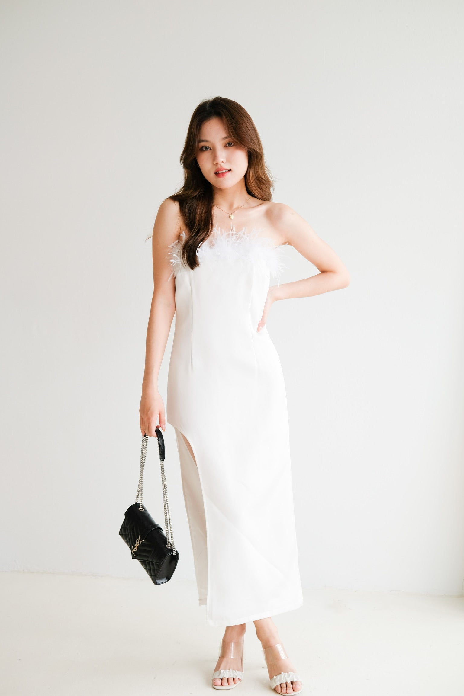 Venus Furry Satin Dinner Dress (White)