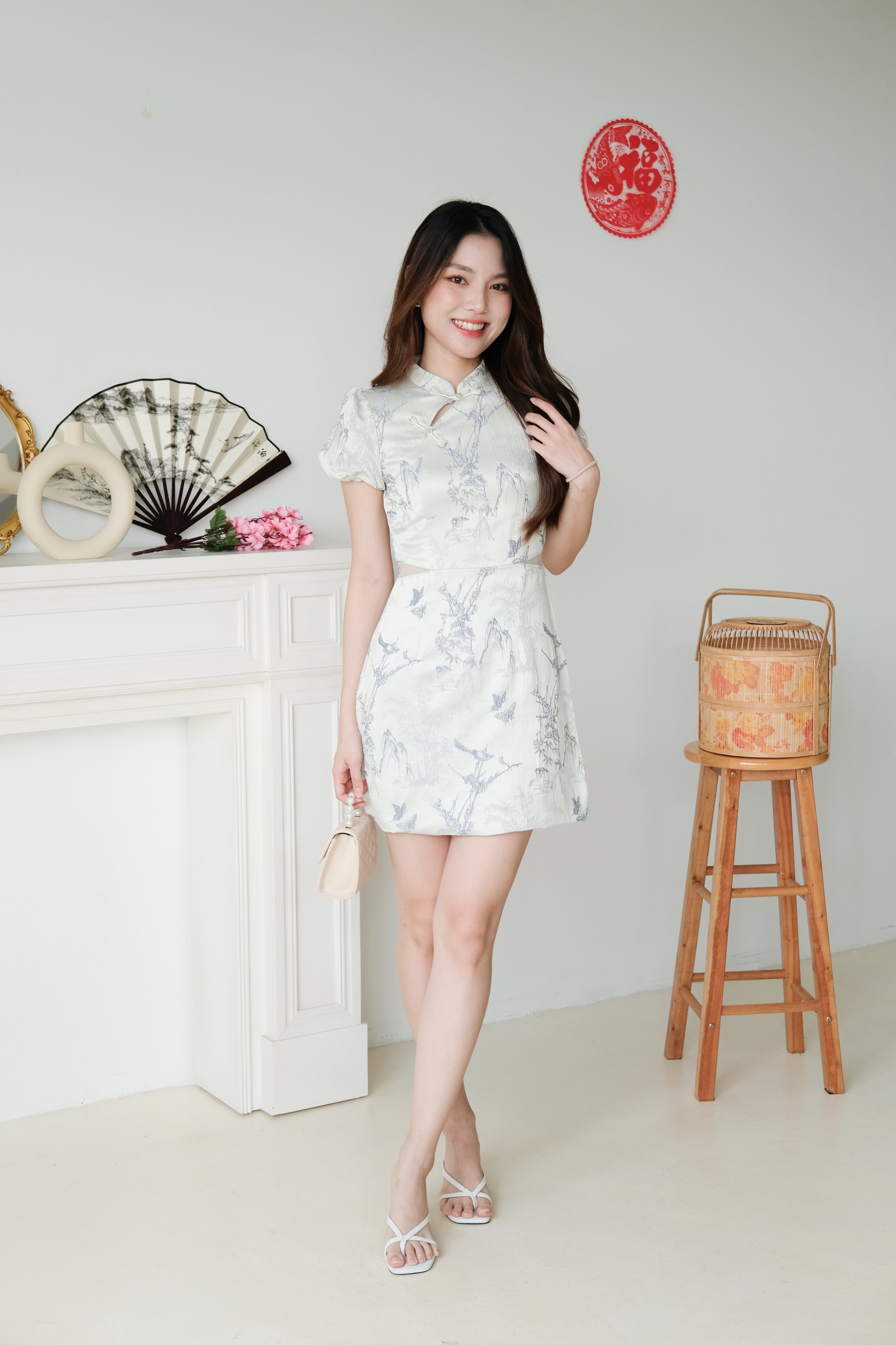 Yan Ru Mesh Cut Out Satin Cheongsam (Blue)