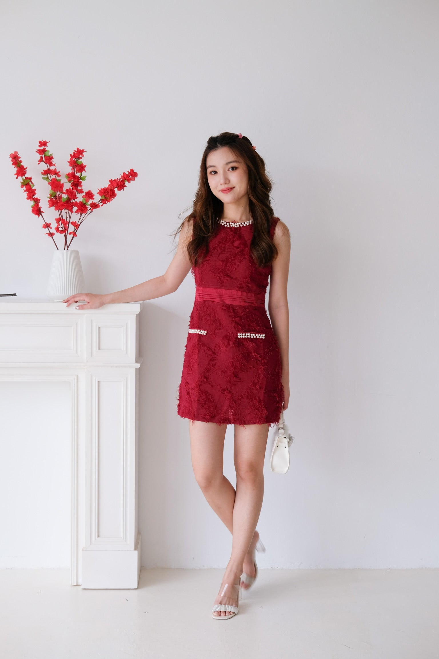 Gleam Glam Tweed Dress (Maroon)