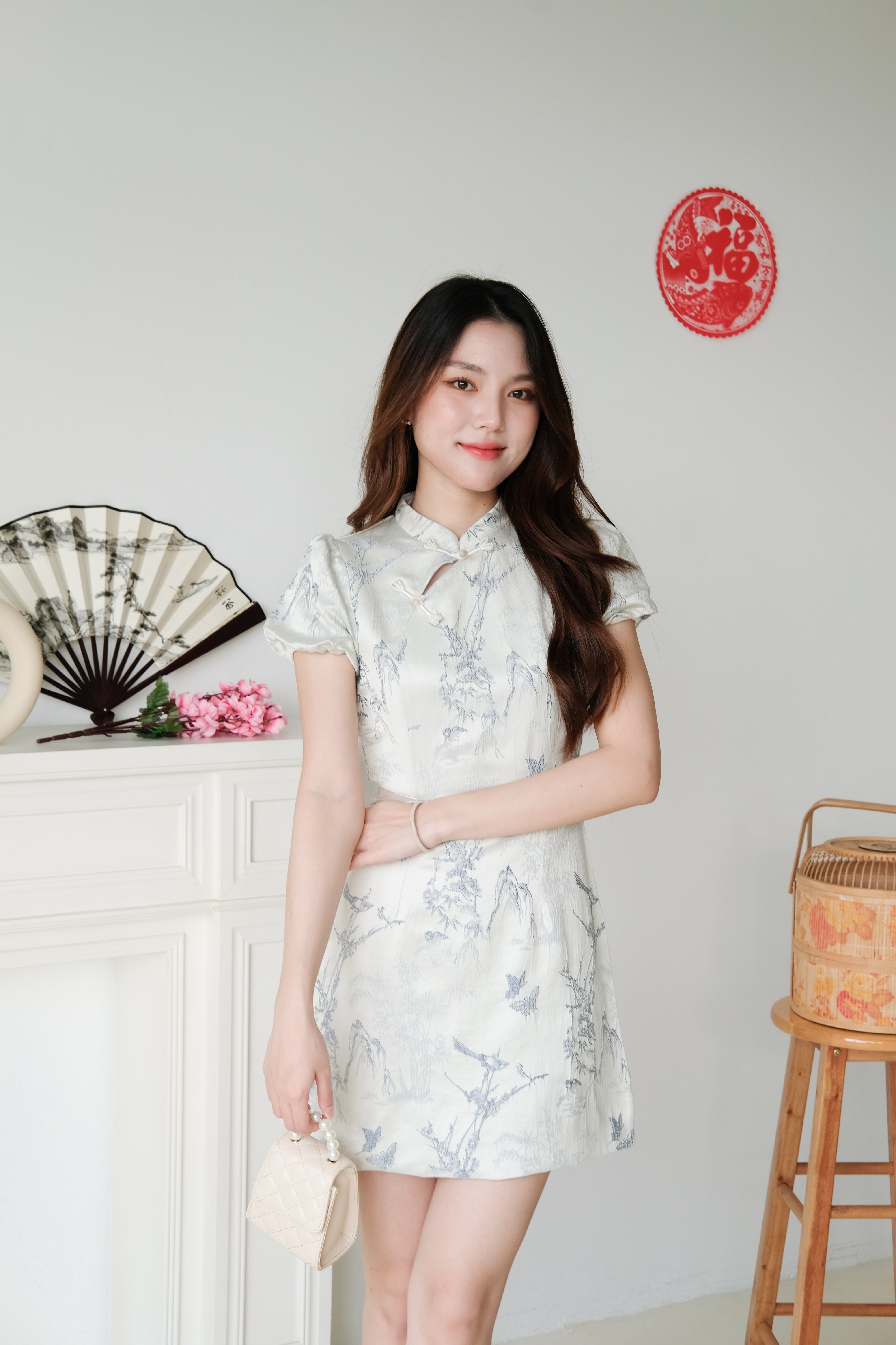 Yan Ru Mesh Cut Out Satin Cheongsam (Blue)