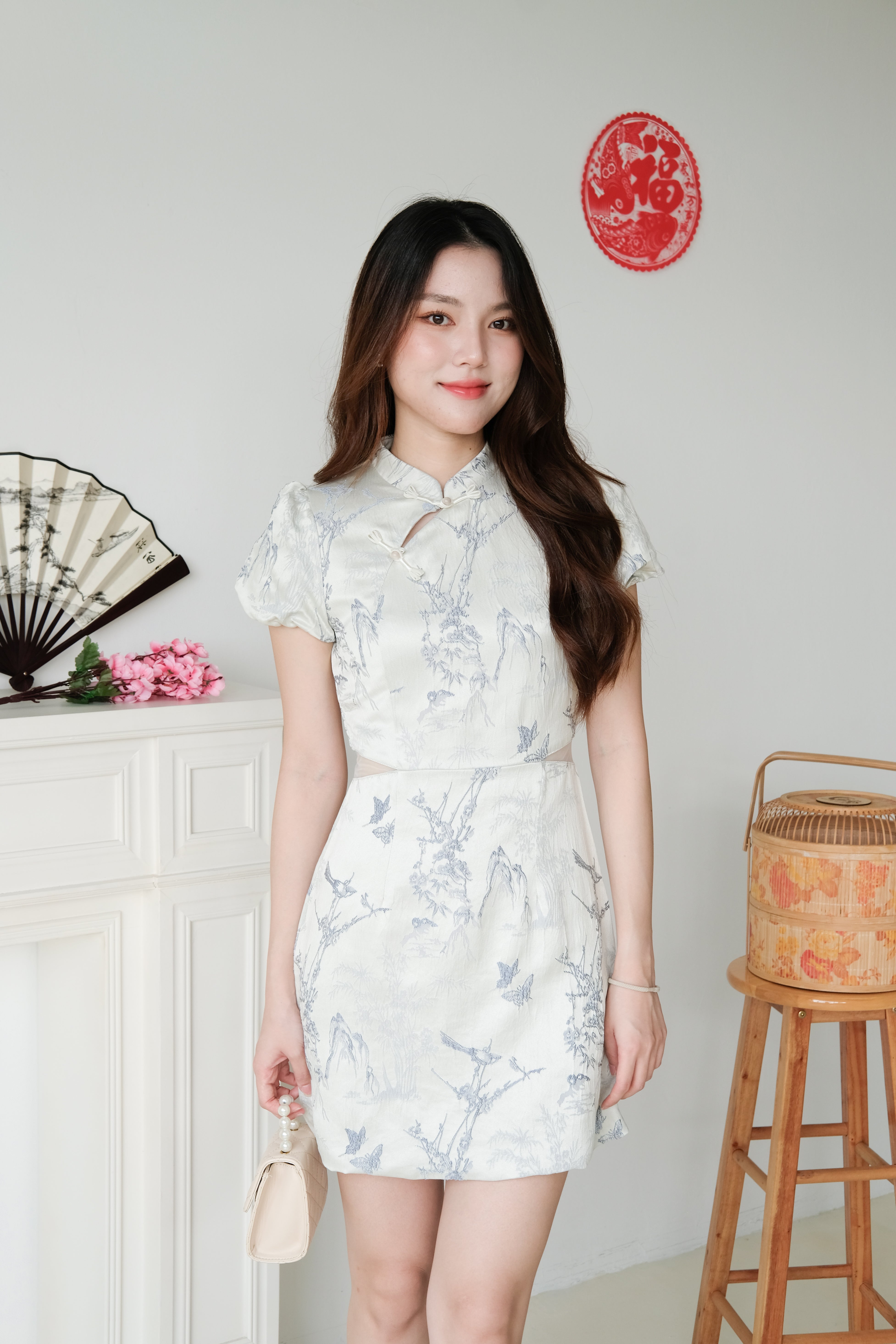 Yan Ru Mesh Cut Out Satin Cheongsam (Blue)